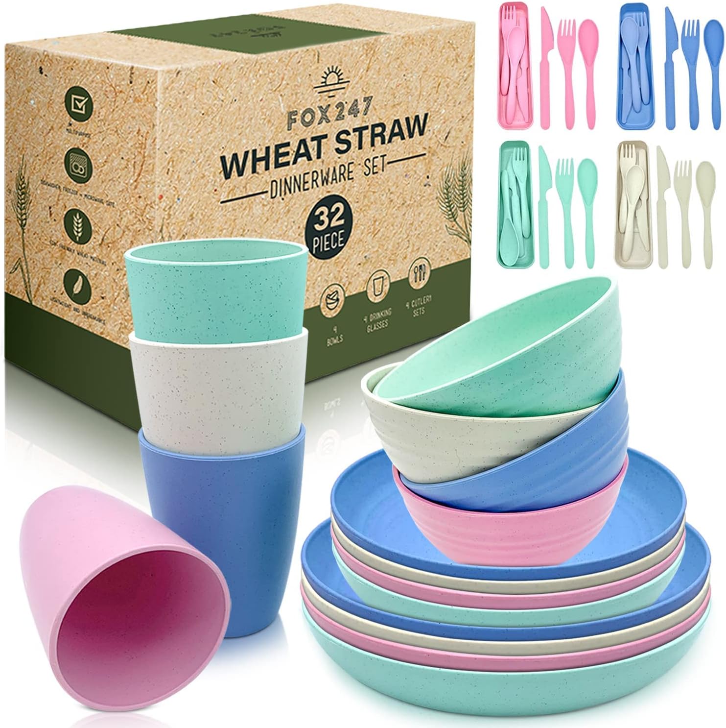 Fox247 Unbreakable Plate and Bowl Set | Wheatstraw Dinnerware Set | Plate Bowl and Cup Set | Camping Dinnerware | RV Plate Cup and Bowl Set | Plate and Bowl Set For 8 | Dishware Set Kids | 32 PCS
