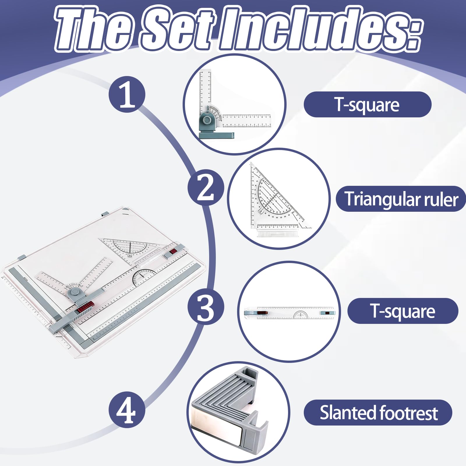 Tavolo Da Disegno DIN A3, Con Riga Parallela E Goniometro Set 6 Pezzi Multifunzione Con Morsetto Fermacarta Righello E Supporto Regolabile Per Disegno Tecnico Scuola Ufficio Architettura