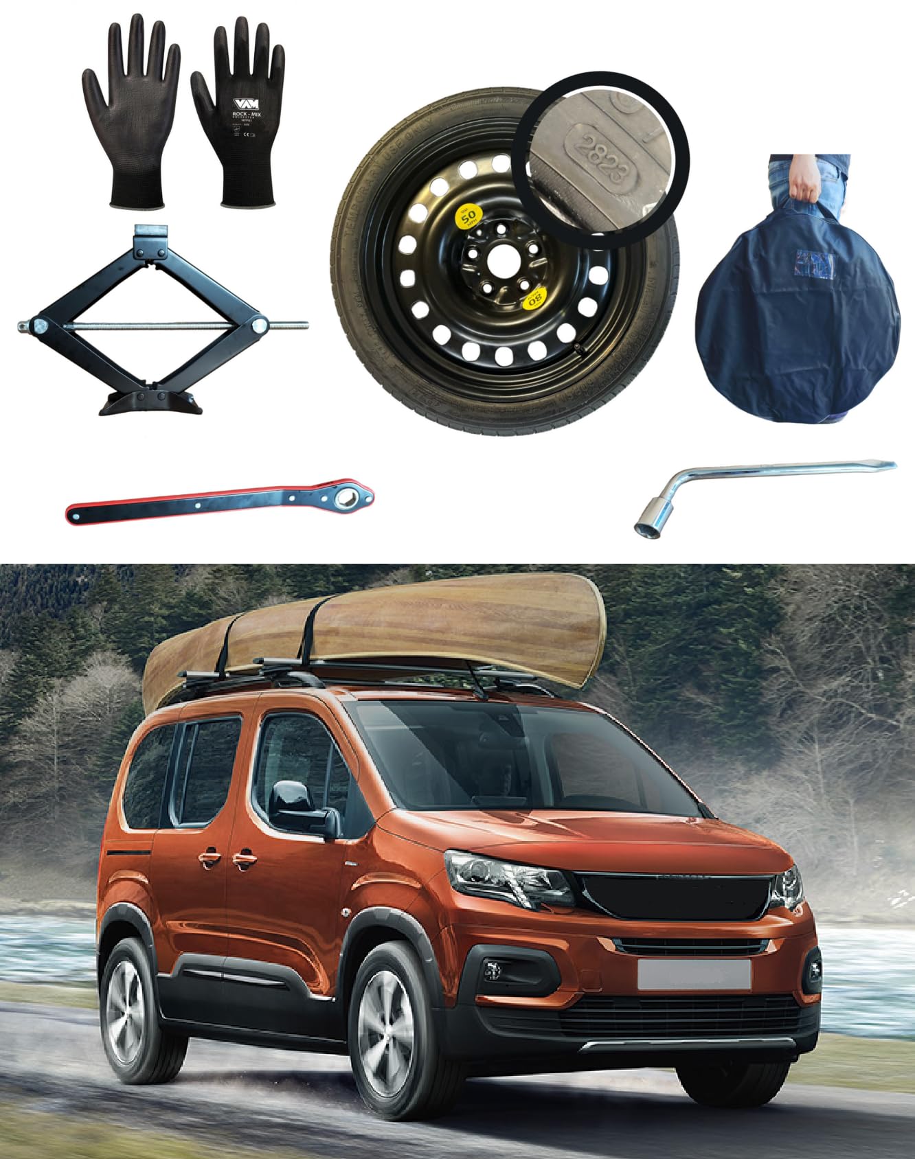 Kit de rueda de repuesto de 17 pulgadas, compatible con Peugeot Rifter con gato, llave, guantes y bolsa