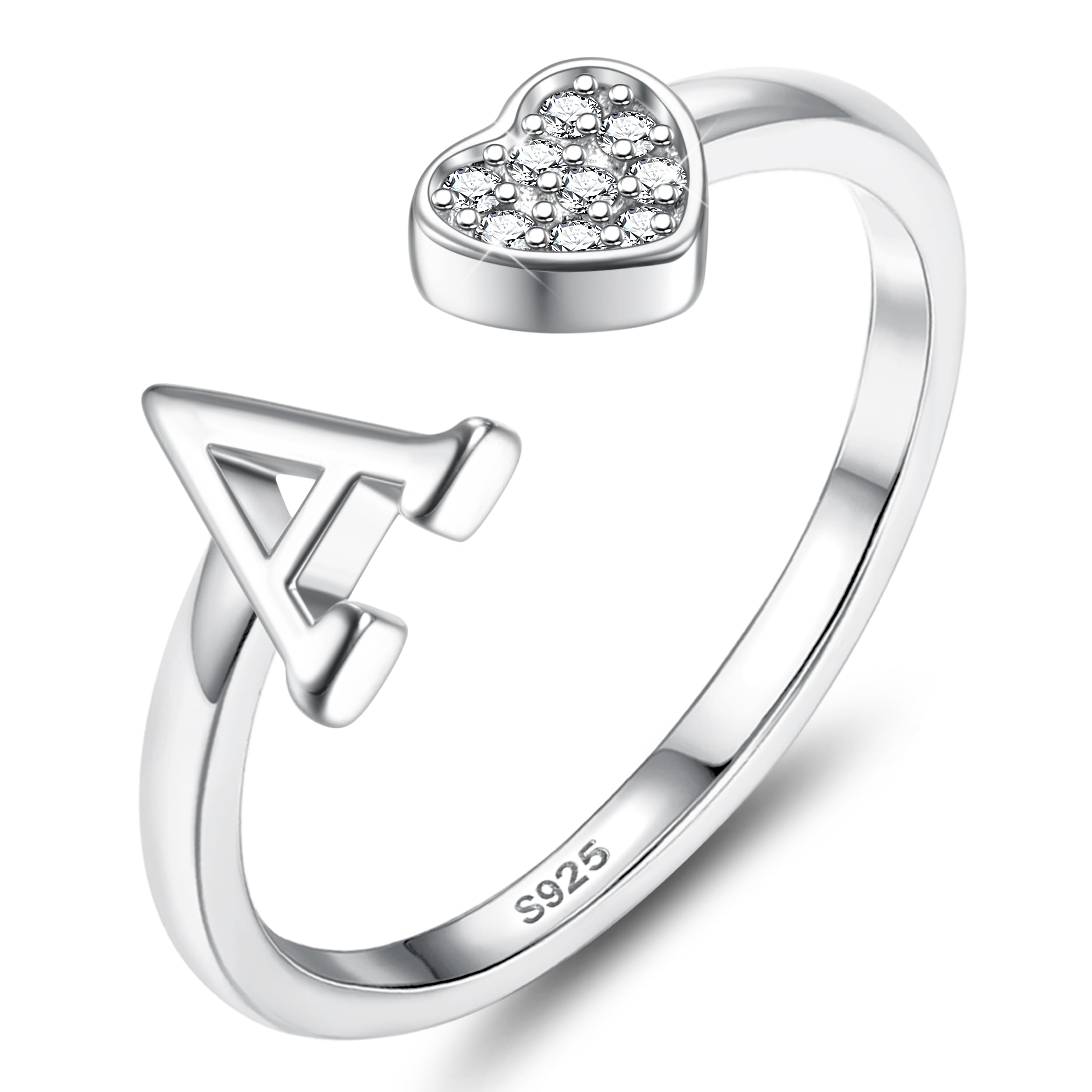JeweBella Anelli Donna Argento 925 con Iniziale A-Z Anello Cuore Regolabili Anello di Promessa Anello Fidanzamento FEDI Nuziali Anelli Mignolo Anelli Pollice Donna Ragazza Gioielli con Scatola Regalo