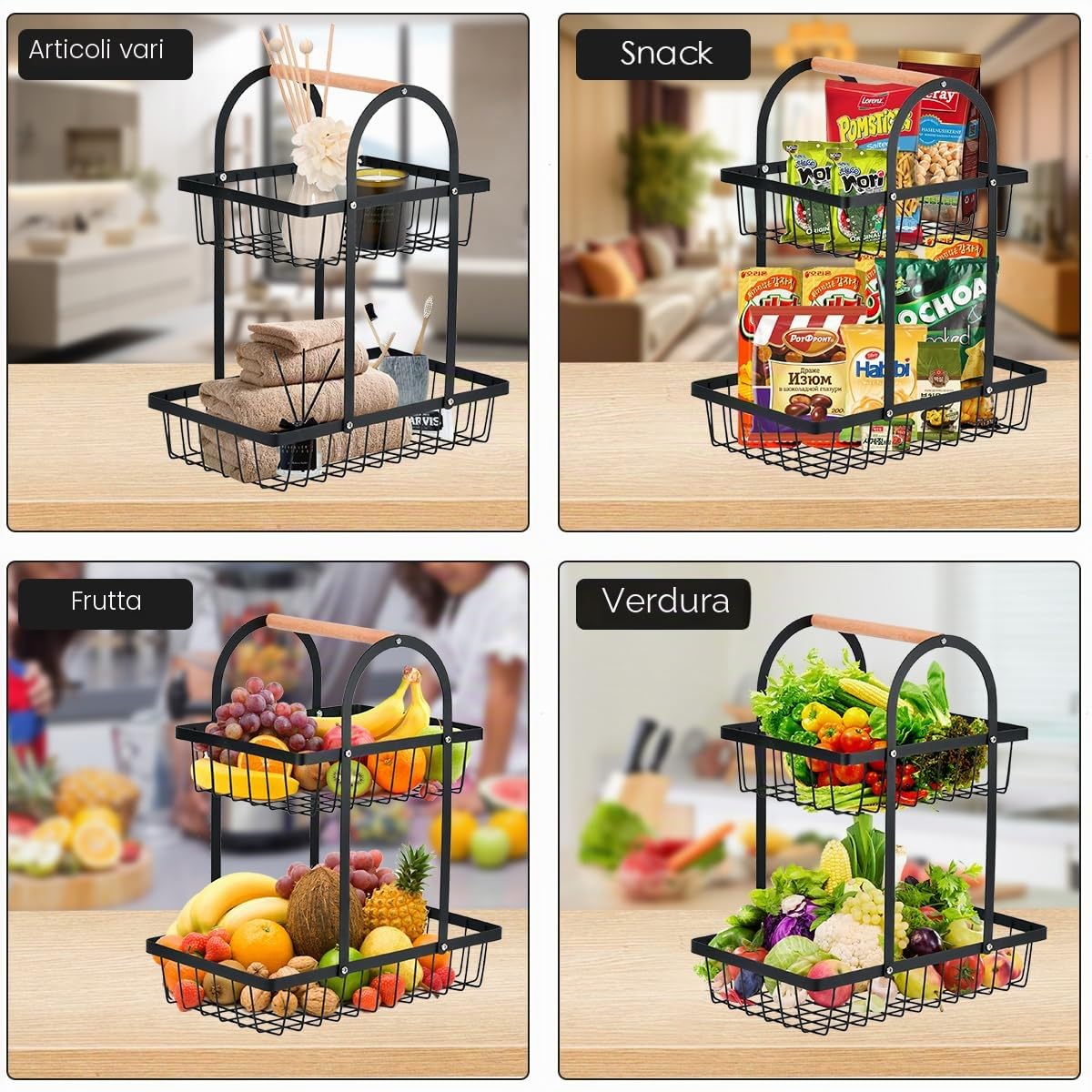 Portafrutta a Ripiani, Cesto Portafrutta a 2 Livelli, Porta Frutta a Piani, Nero Portafruttas a Ripiani Moderno, Portaoggetti Staccabile per Verdure, Portafruttas