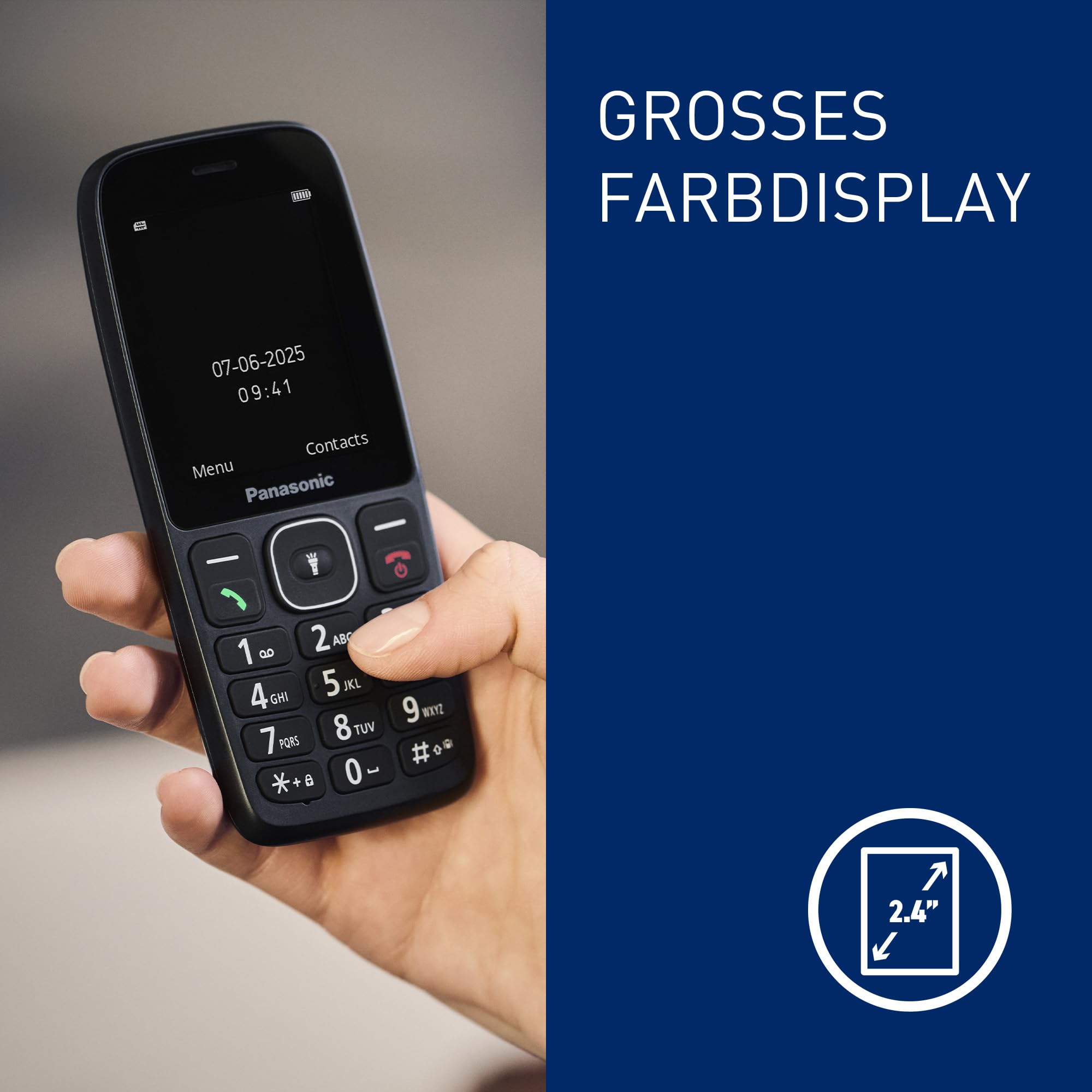 Panasonic KX-TF400EXB 4G Benutzerfreundliches Tastenhandy, Volte, verlässliche 200 Std. im Standby-Modus, USB-C-Ladefunktion, 2,4-Zoll-Display, Bluetooth, LED Taschenlampe, IP44 wasserfest, Schwarz