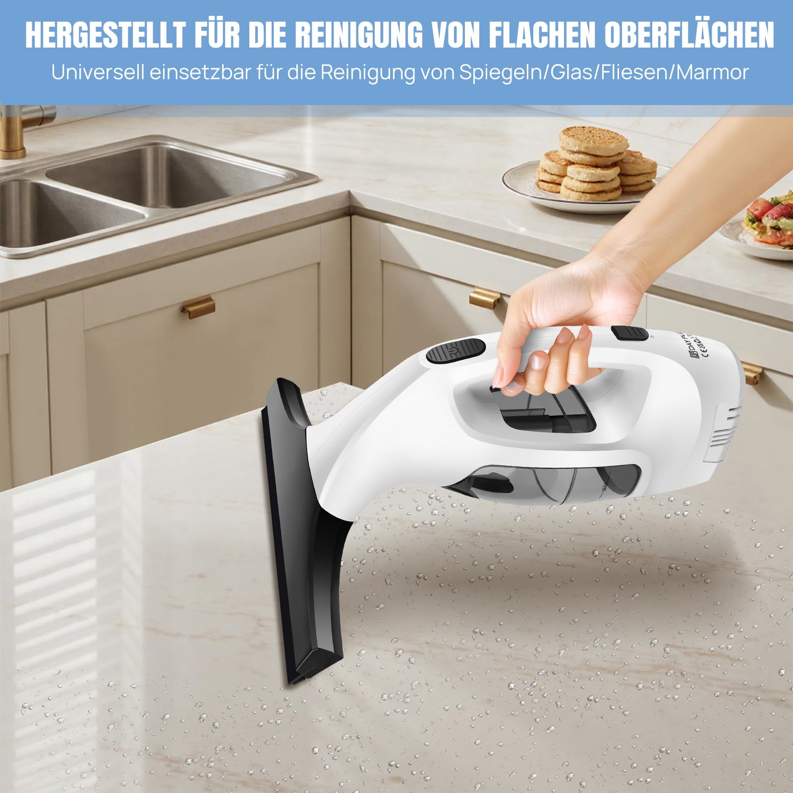 Akku Fenstersauger | Elektrischer Glasreiniger mit 2,0 KPA Saugkraft | 150 ml Wassertank & 28 cm Gummischaber | Für Fenster, Spiegel, Fliesen & mehr | Kabellos & IPX4 wassergeschützt