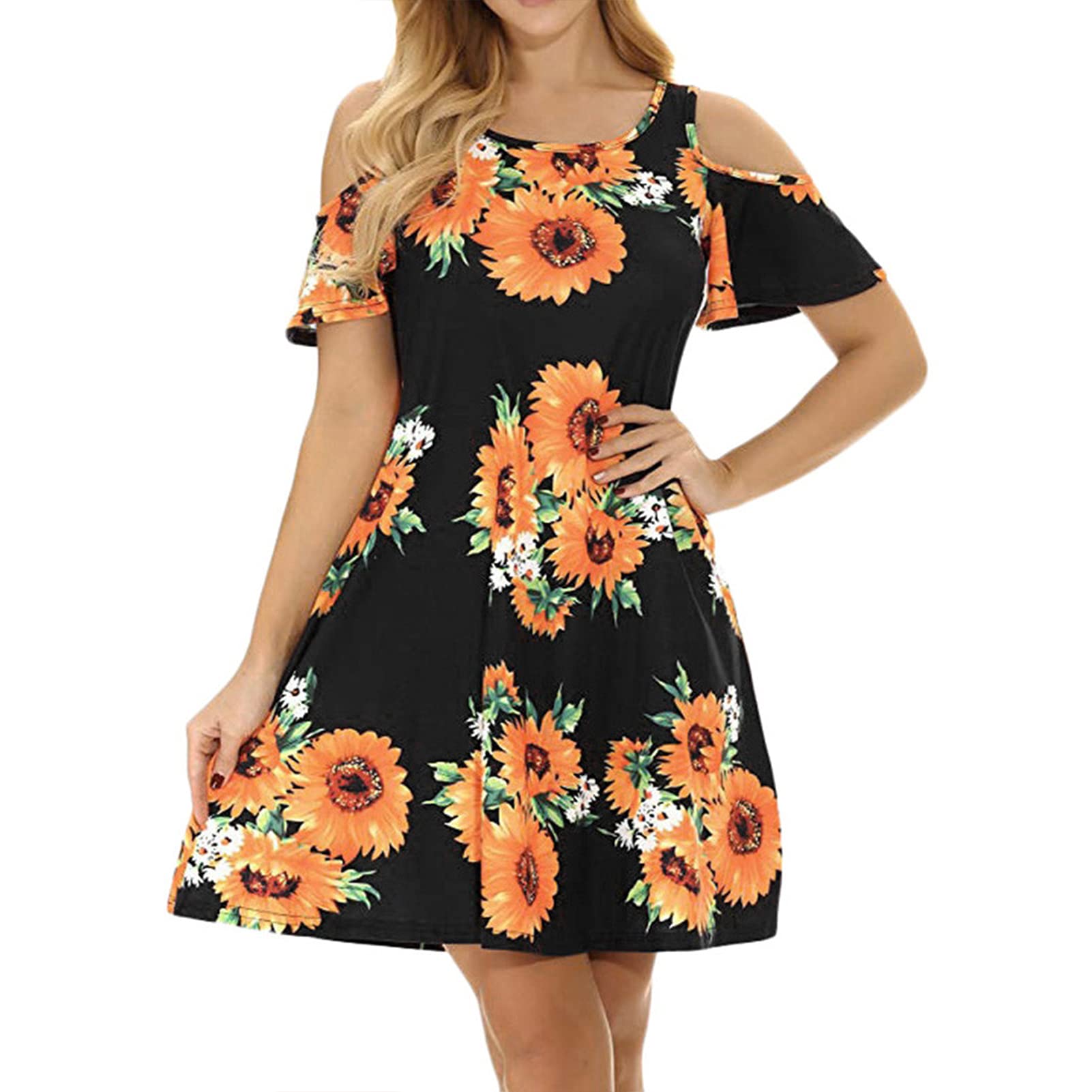 Damen Sommer Maxikleider Damen Casual Sommerkleid Ärmellos Floral V Ausschnitt Strand Hemdkleid mit Taschen 004-M