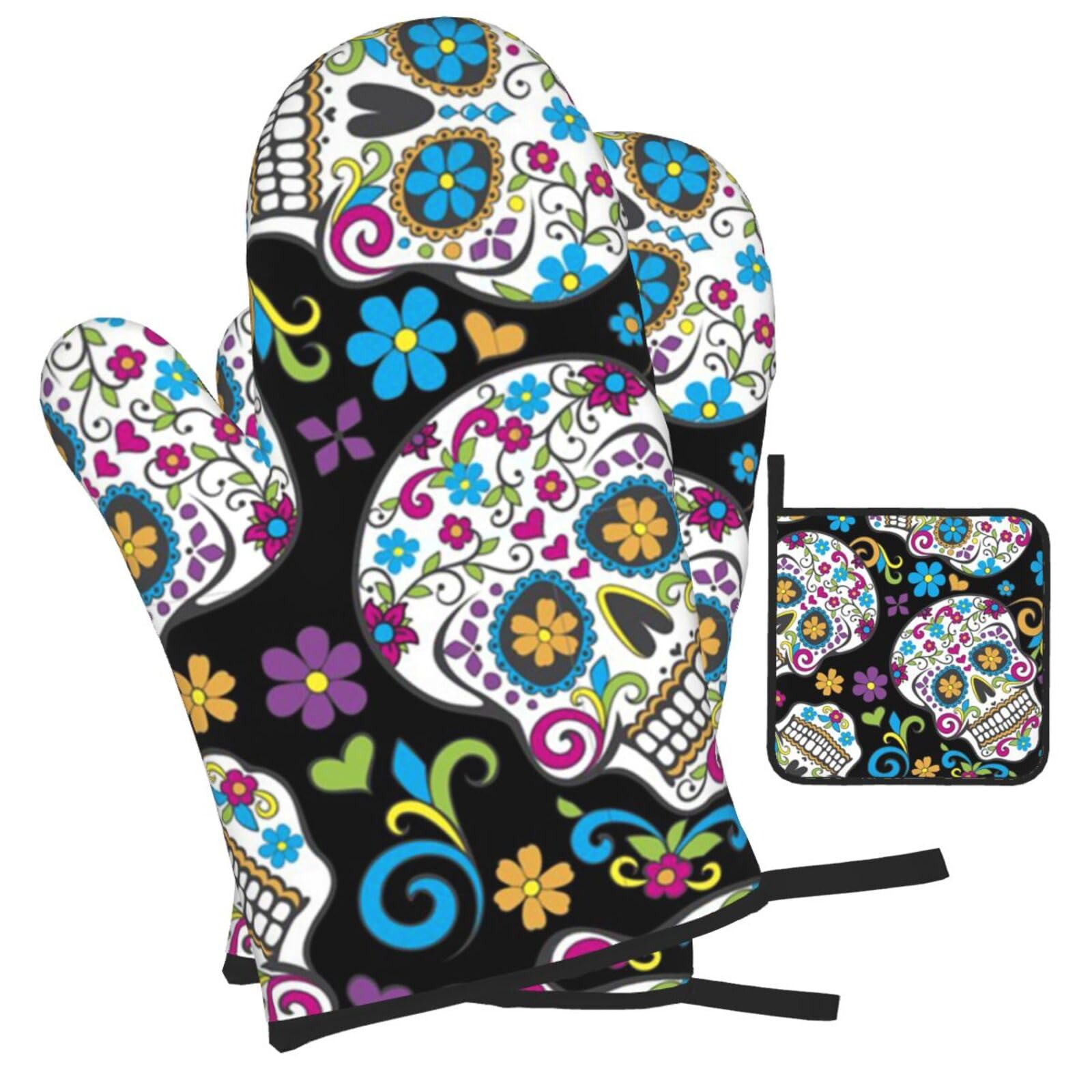 Sugar skull with flowers Printed Oven Mitts and Pot Holders Heat Resistant Set of 3 Pcs, Modern Kitchen Gloves & Potholders for Cooking Baking Grilling
