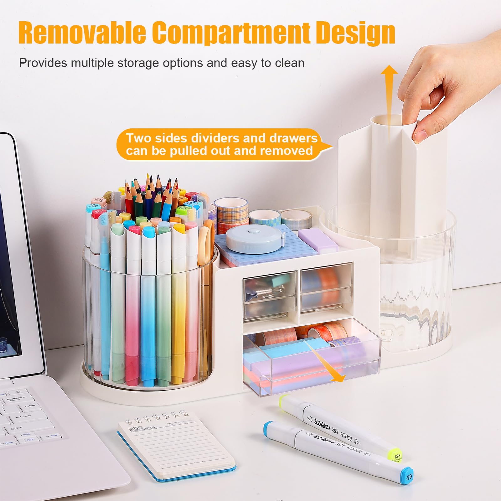 BOBOKA Organiseur de bureau rotatif avec 3 tiroirs, porte-crayons multifonction pour bureau, organiseurs de bureau et accessoires avec 10 emplacements pour crayons + 3 tiroirs pour fournitures d'art