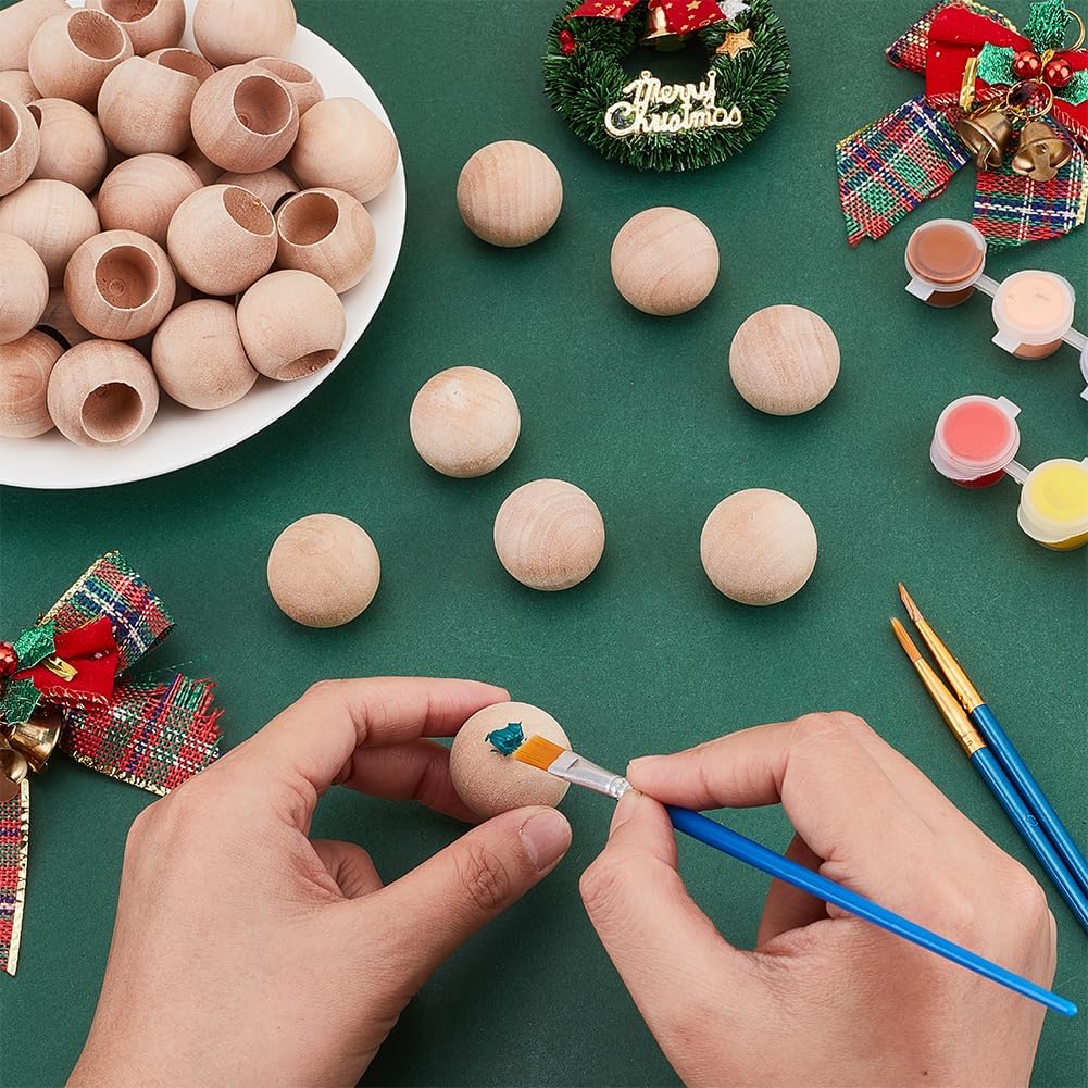 WADORN 50Pcs Wood Dowel Caps 1 inch Diameter Wood Dowel Rod End Caps with 0.59 inch Hole Unfinished Round Wooden Ball Rod Caps for 0.59 inch Dowel Rods for DIY Crafts Home Furniture Wardrobe - Image 4