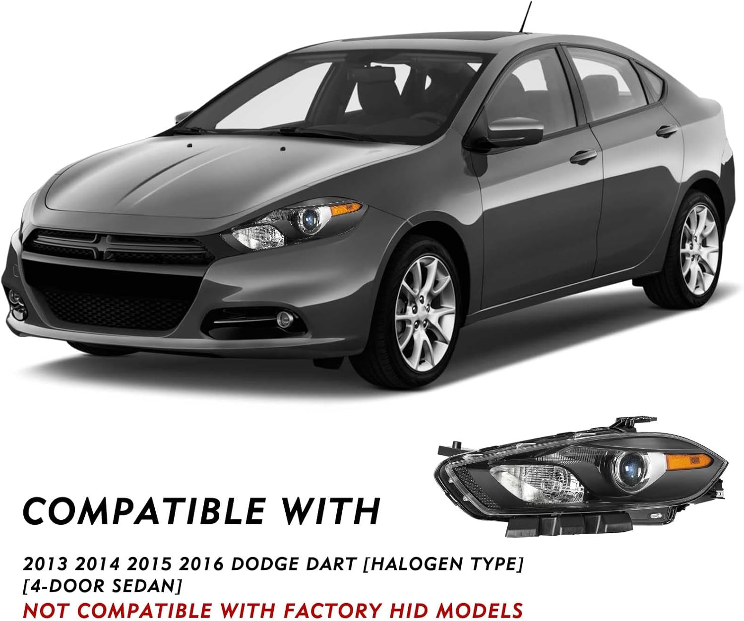 Headlight Assembly Set Compatible with 2013 2014 2015 2016 Dodge Dart [Halogen Type] OEM Replacement Headlamp 1 Pair w/High/Low Beam Bulbs