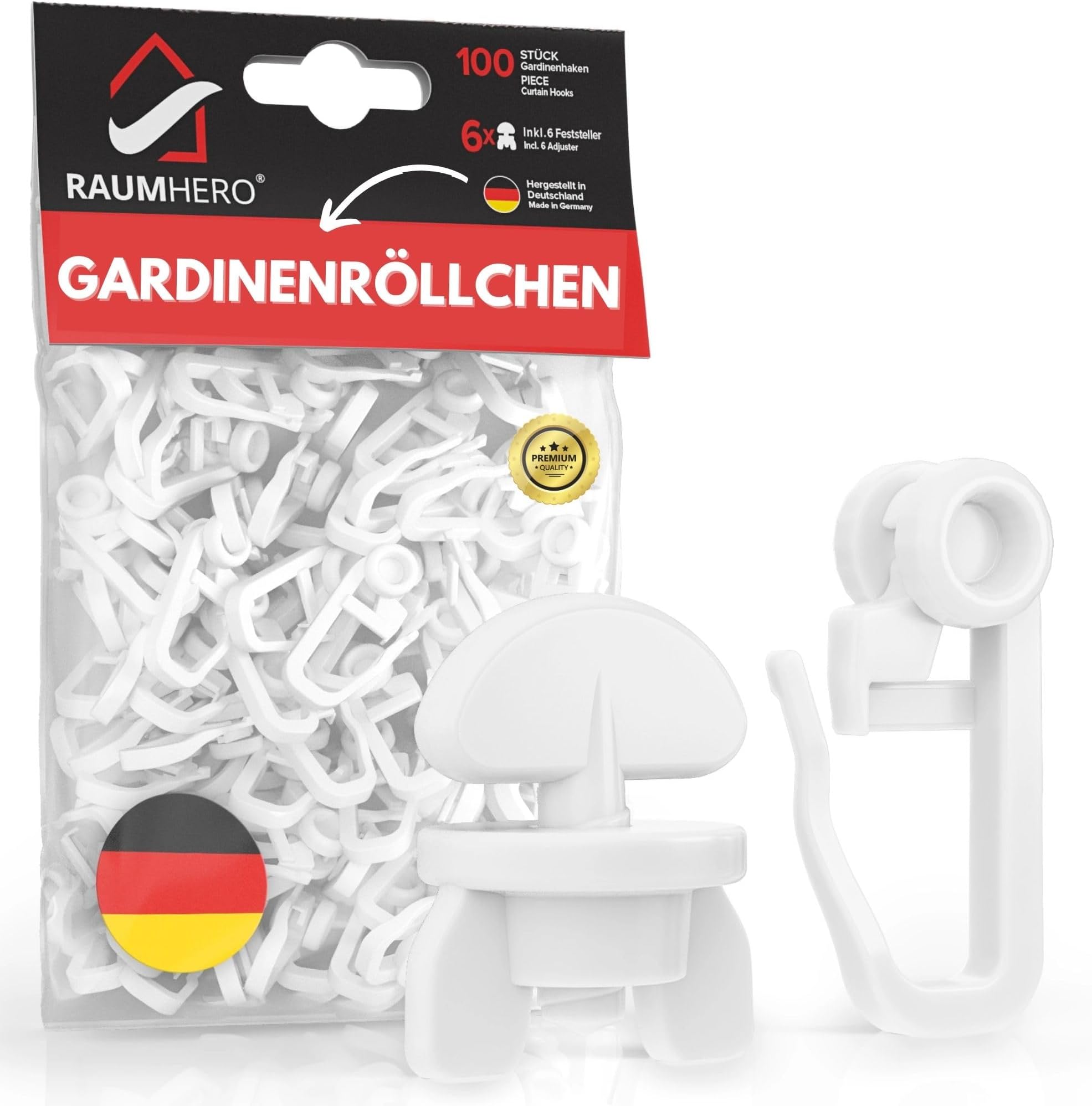 Raumhero Curtain Rollers for Rail (Complete Set 100 x Curtain Hooks Including 6 x Stoppers) - 8 mm Standard Size Curtain Gliders - Curtain Hooks for Rails - 100% Made in Germany