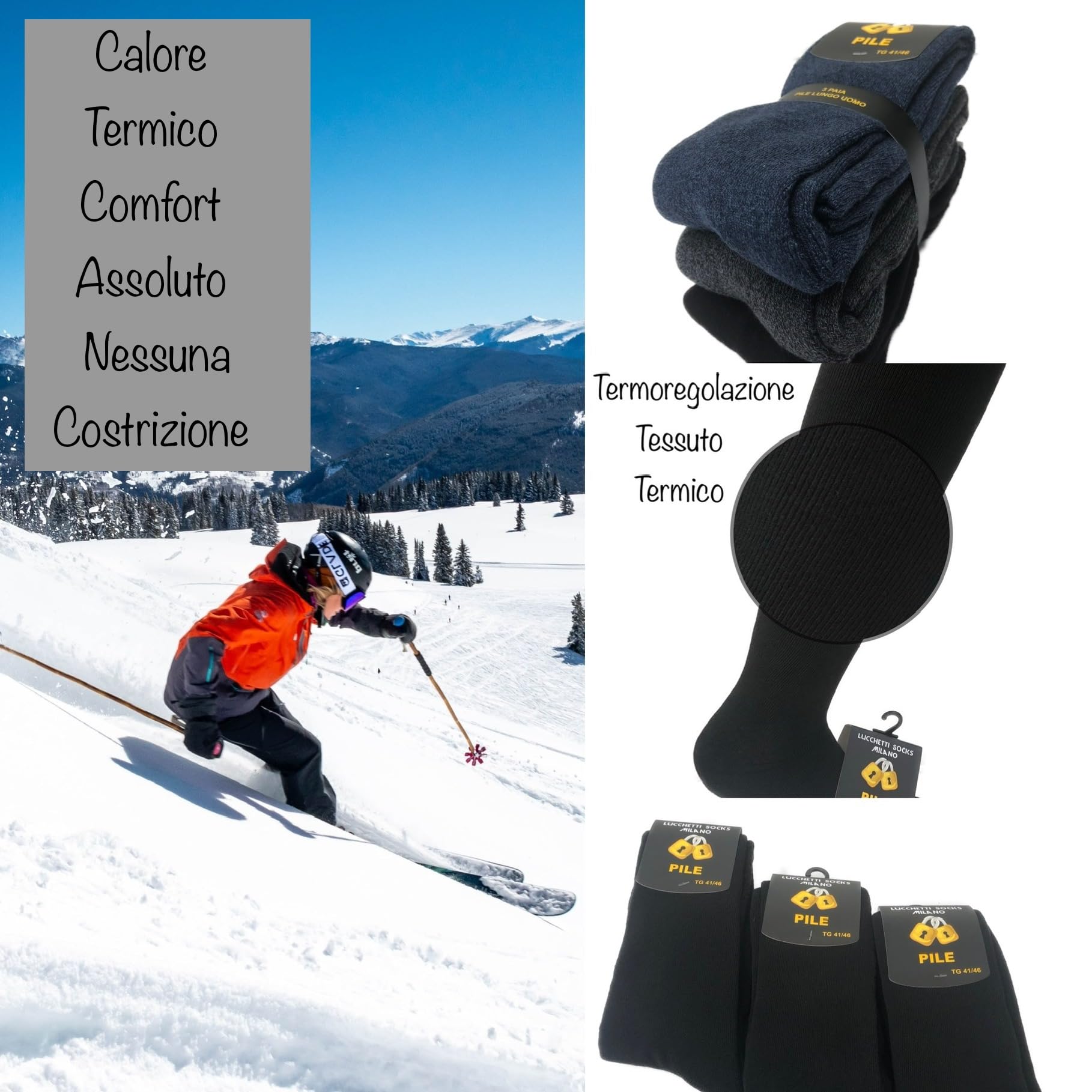 Lucchetti Socks Milano CALZE TERMICHE IN PILE LUNGHE SCI MONTAGNA PESANTI NERO BLU GRIGIO
