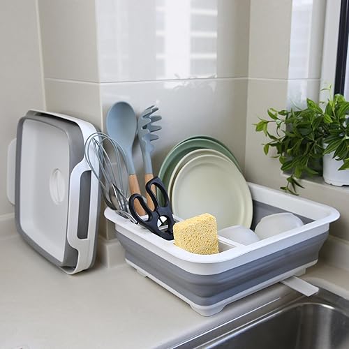 Miniatura 7 de Escurridor de platos plegable con tapón de drenaje y boquilla giratoria, ahorra espacio, estante portátil para cocina, caravanas, cámpers y