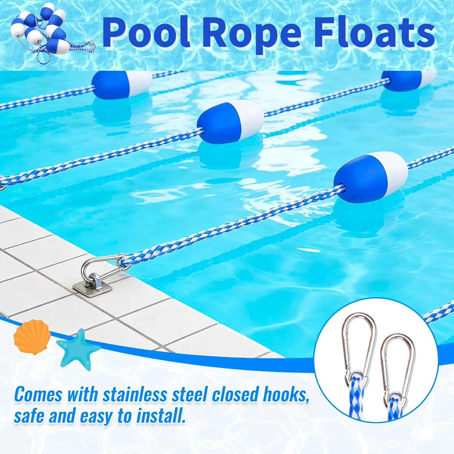 Pool Adjustable Safety Rope 5ft 10ft 15ft 20ft 25ft 30ft, Floating Divider with ABS Buoys, Nylon Cord & Stainless Hooks, Shallow Deep Separator for Swim Lanes, Residential & Commercial Pools-5FT
