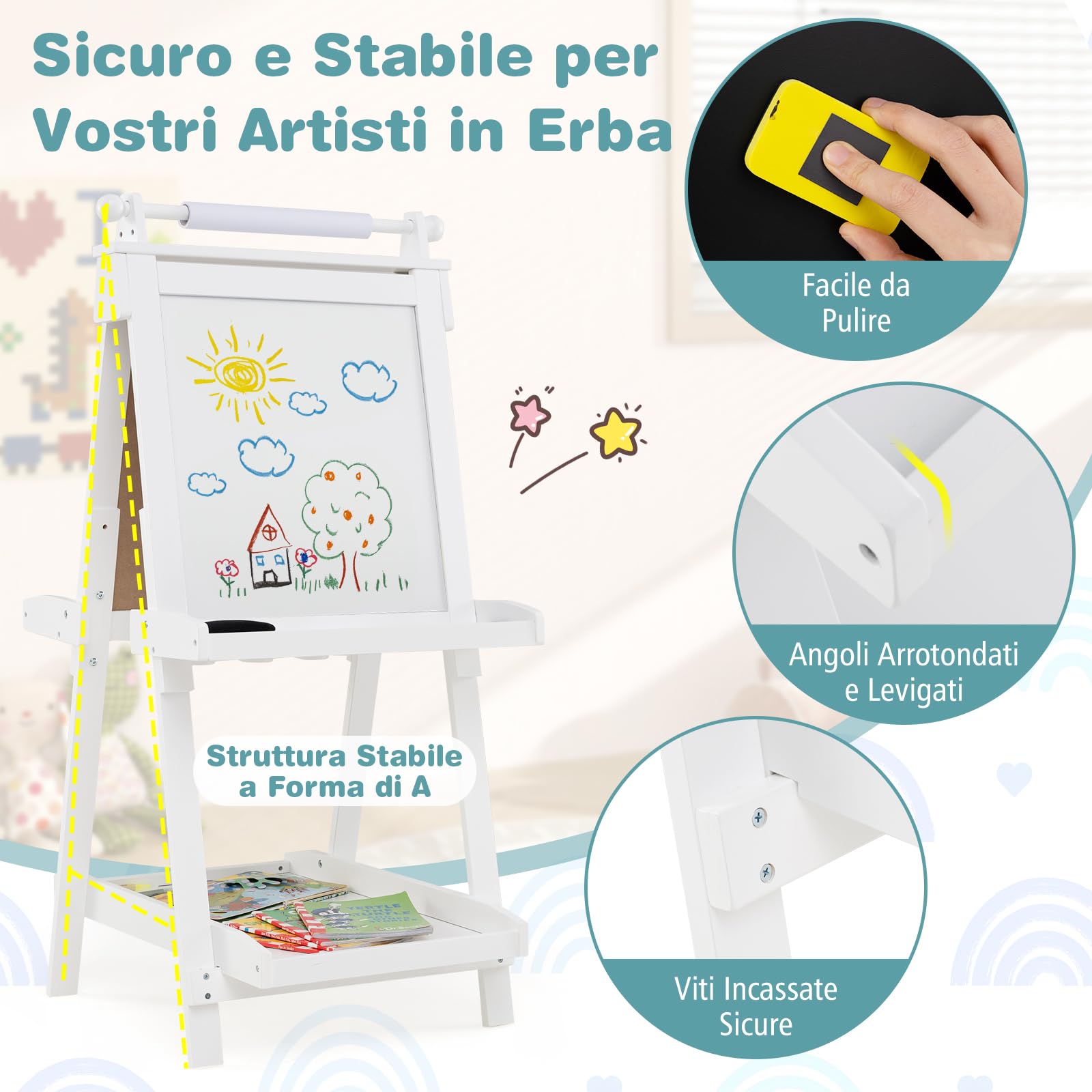 RELAX4LIFE 3 in 1 Cavalletto per Bambini Pieghevole in Legno, Altezza Regolabile, Lavagna Magnetica con Lavagna Bifacciale, con Rotolo di Carta, Vassoio e Accessori, 3+ Anni, 55x66x106-126cm (Bianco)