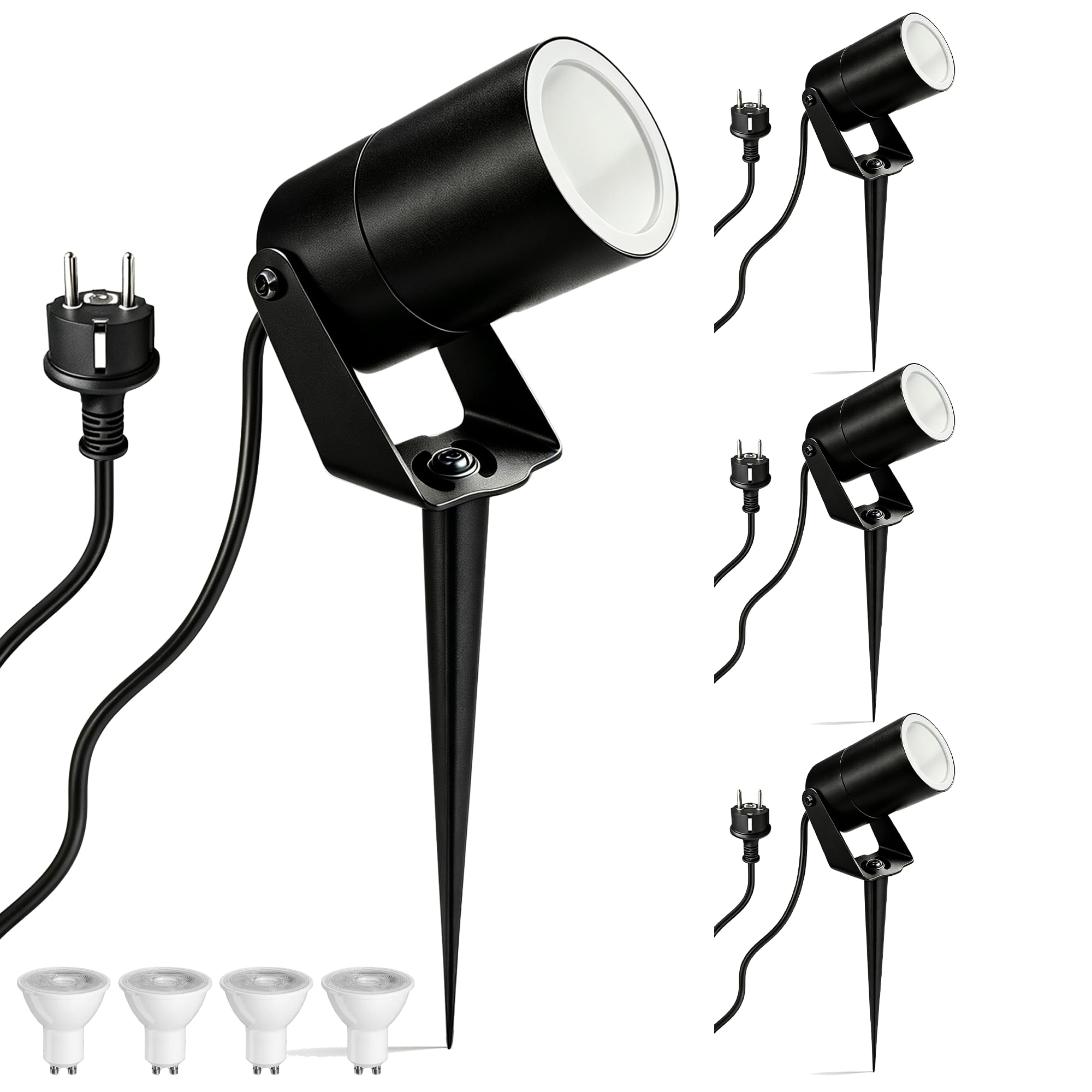 LED Gartenstrahler mit Erdspieß 230V GU10 IP65 Wasserdicht Außen | IP65 Edelstahl Gartenleuchte Gartenbeleuchtung mit Strom Inkl. 5W 3000K GU10 Glühbirne, 2m Kabel mit Stecker, 4Stück-Schwarz
