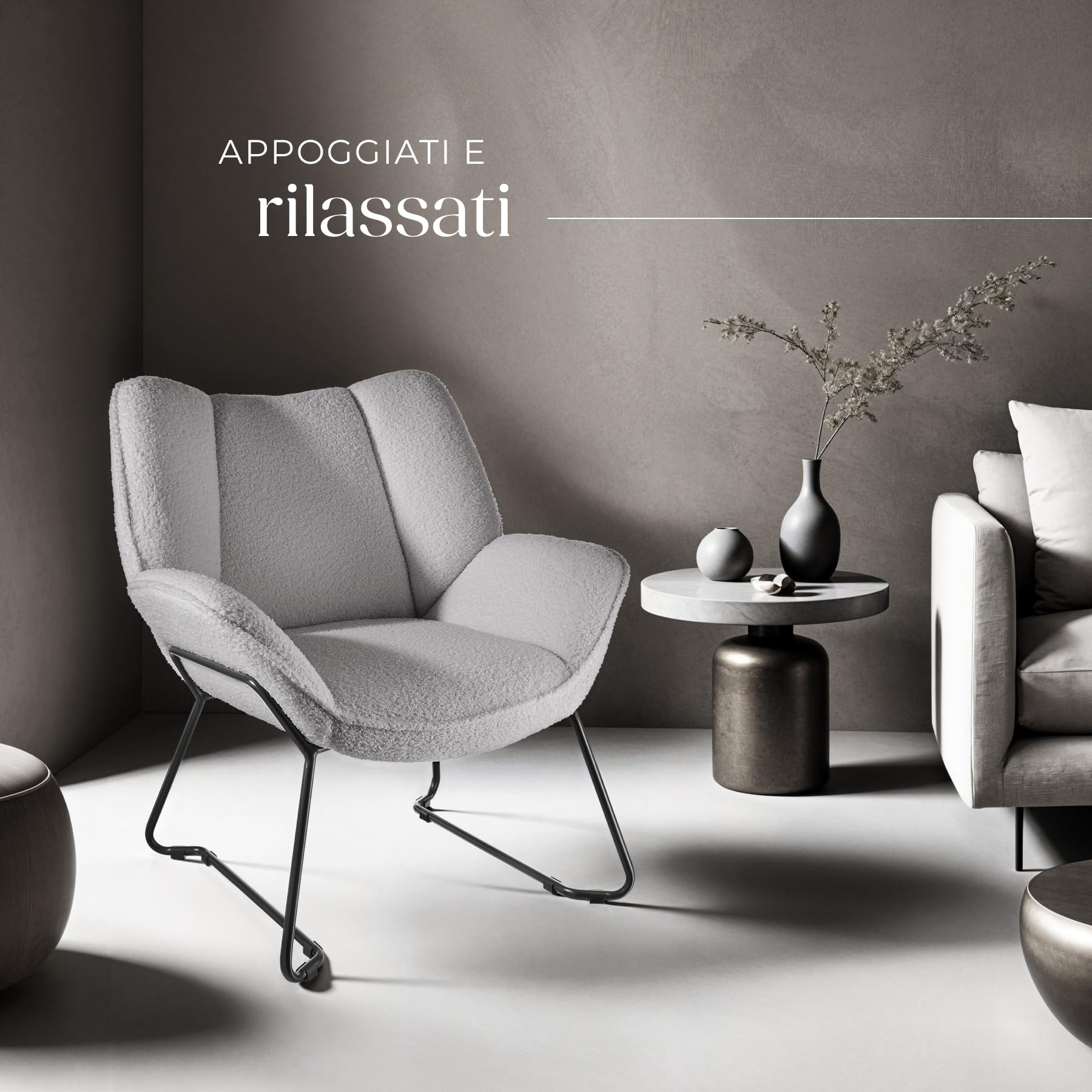 tectake® Poltroncina in Stile Scandinavo, Poltrona Camera da Letto Tessuto Bouclé, Sedia Ergonomica con Telaio in Acciaio, Sedia Cucina Antiscivolo, Carico Max. 120Kg - Grigio Chiaro