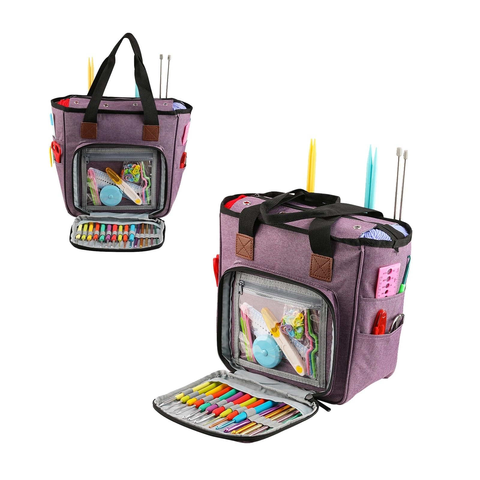 Bolsa de mano for tejer, almacenamiento hilo for agujas, ganchos ganchillo y accesorios costura, Kit DIY para Agujas, Hilo(Purple)