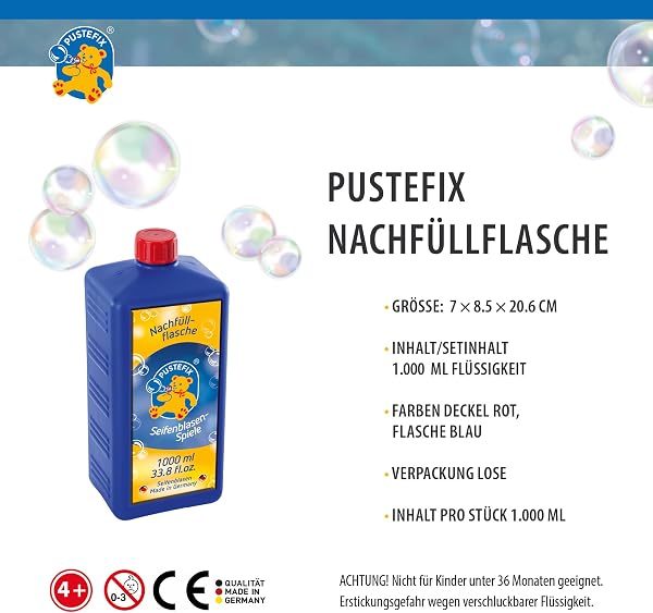 PUSTEFIX - 420869725 Seifenblasen Nachfüllflasche Maxi 1L I Seifenblasenflüssigkeit für bunte Blasen I I extra Flüssigkeit für mehr Bubble Spaß I für Kinder & Erwachsene auf Geburtstag, Hochzeit - 4