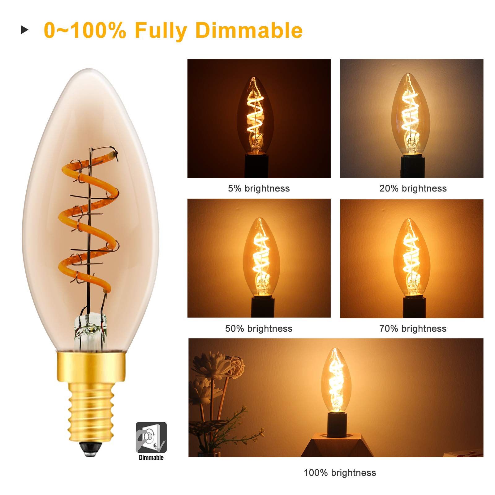 C35 LED Edison vela casquillo E14, regulable 3W blanco cálido 2200K, vidrio ámbar, alto CRI95, equivalente a 40 vatios, filamento en espiral con aspecto retro vintage, paquete de 12