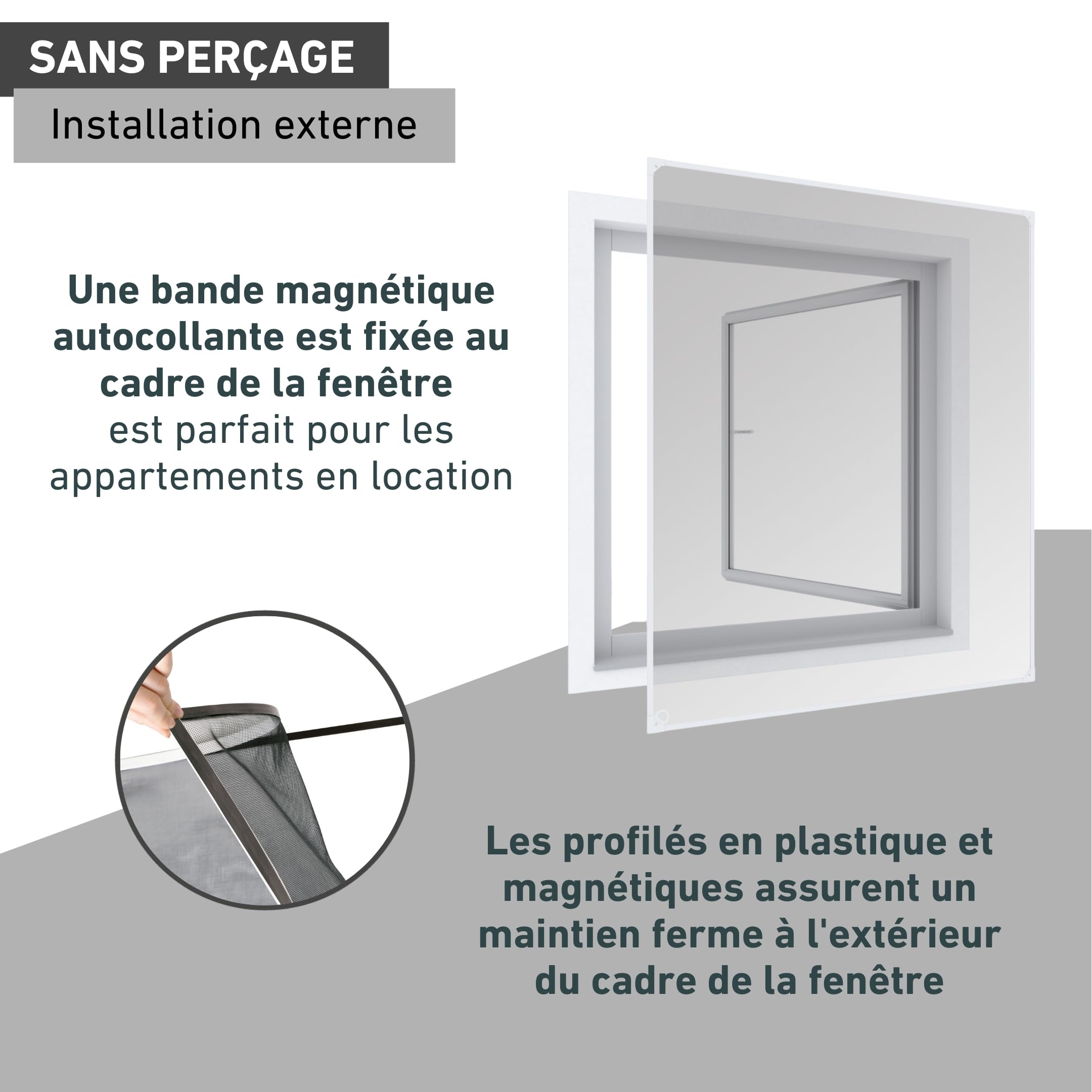 Windhager Moustiquaire fenêtre magnétique, 100x120 cm, blanc, cadre aimanté sans perçage, maille fibre de verre résistante, recoupable, montage facile pour fenêtres standard, 04300