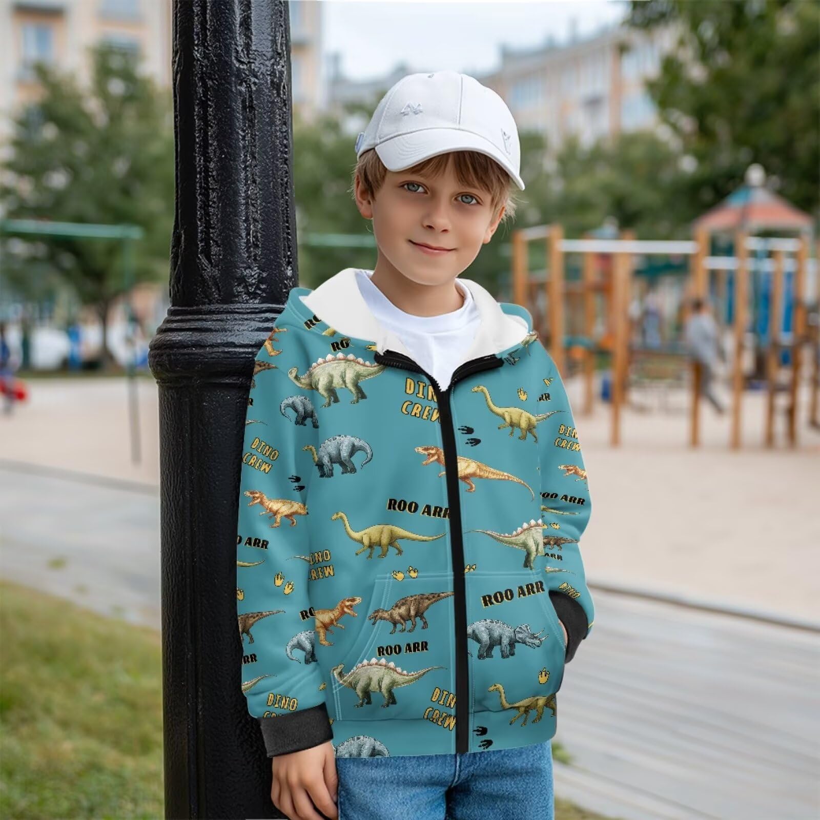 Xoenoiee Dziecięce bluzy z kapturem dla chłopców, zapinana na zamek, bluza 3D, fajna grafika zwierzęca, sweter z długim rękawem, top na jesień i zimę, Niebiesko-zielony dinozaur, 12-14 Years