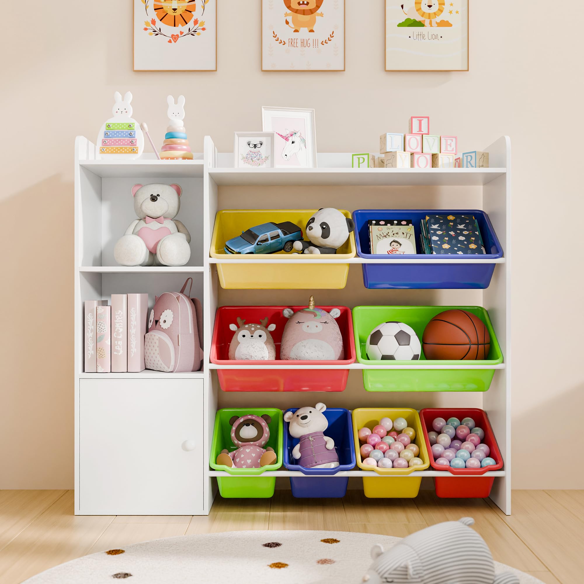 Multicolor Toy Storage Organizer, Toy Organizers and Storage Bins, Toy Storage Shelf with 8 Toy Bins, Toy Organizer with Bookshelf, Book Shelf and Toy