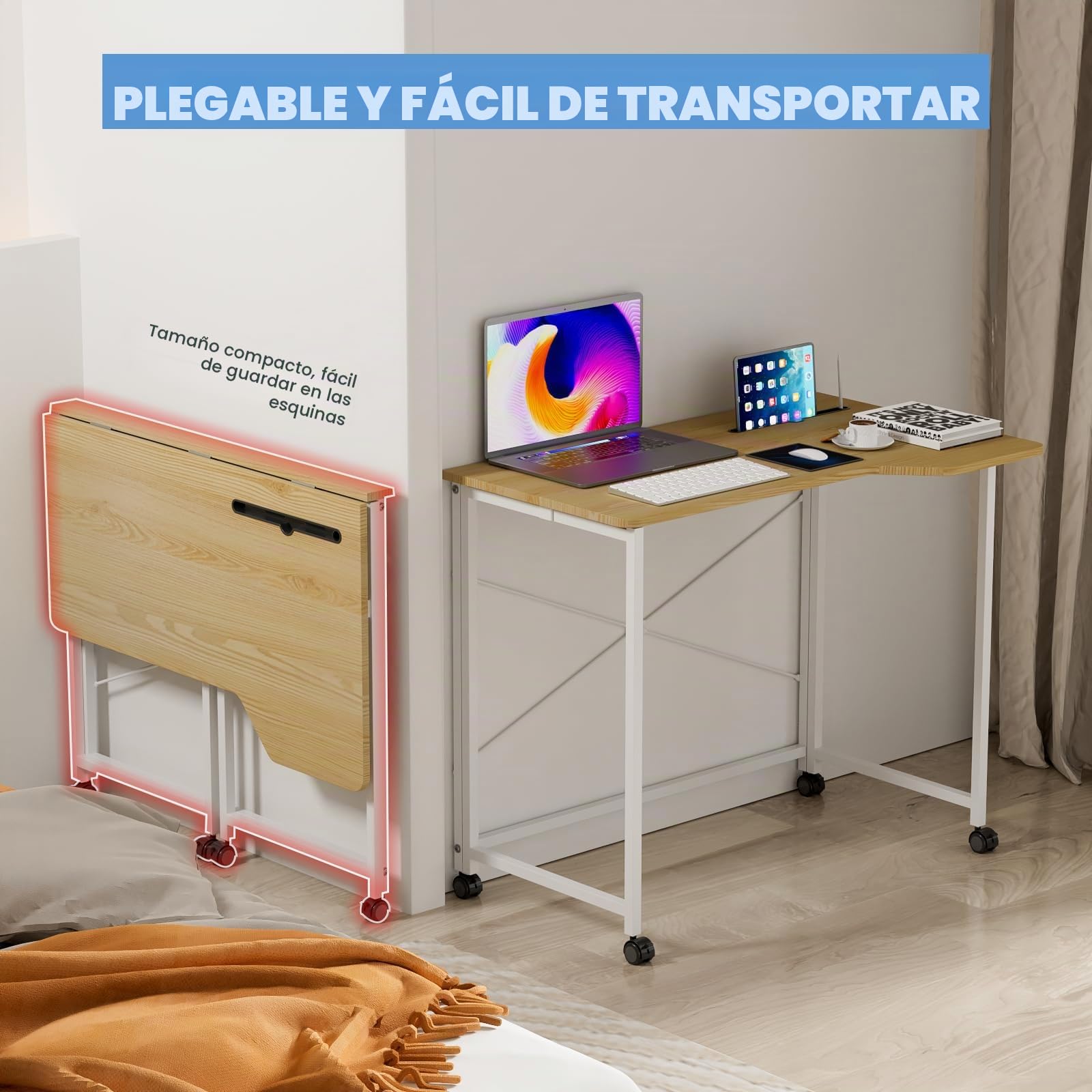 Escritorio Plegable con Ranura para Tablet y 4 Ruedas, 90x56x75cm, Mesa Plegable Escritorio para Ordenador pequeño Plegable, para estudiar, Trabajar, Dormitorio, Oficina en casa, Marrón