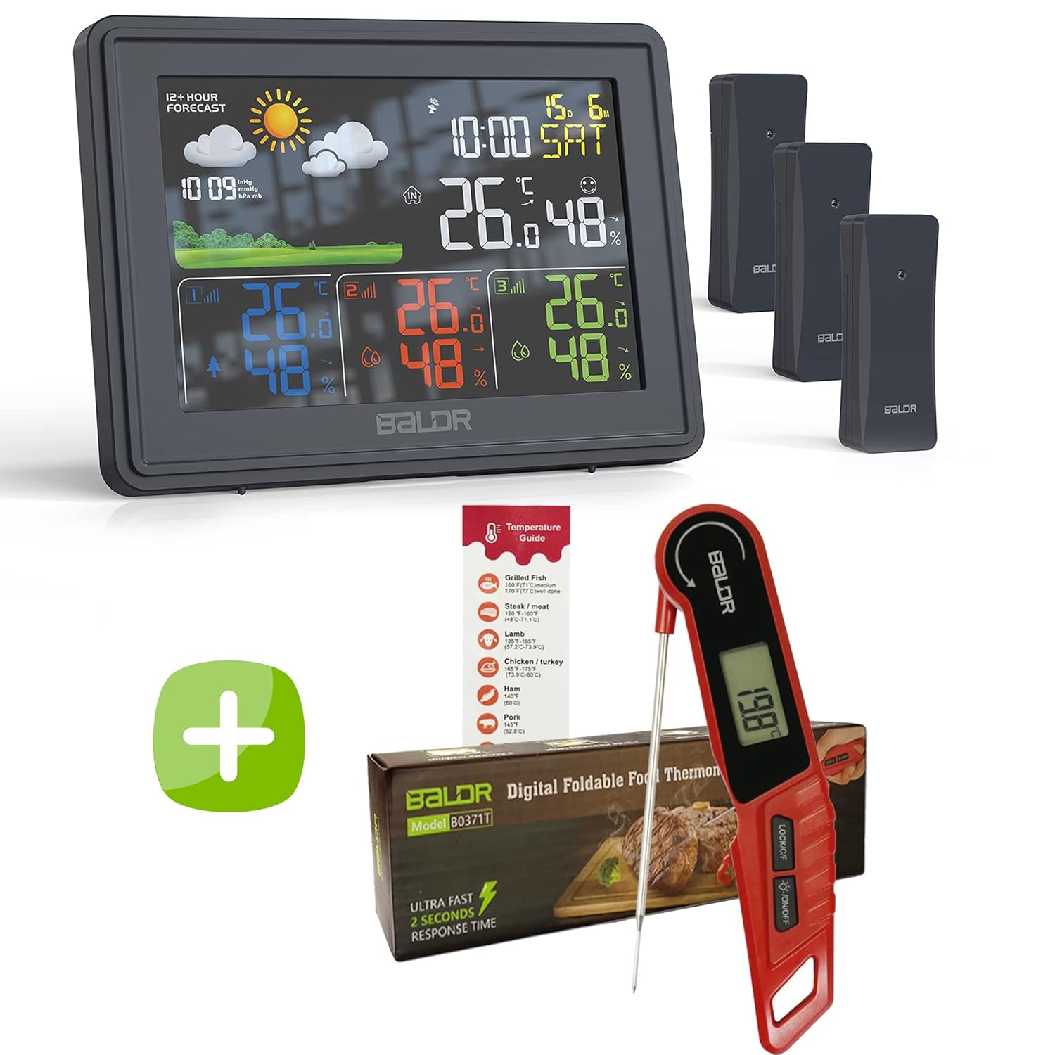 BALDR Home Weather Station & Thermometer Bundle with Atomic Alarm Clock + BALDR Digital Meat Thermometer for Kitchen & BBQ - Bundle Pack