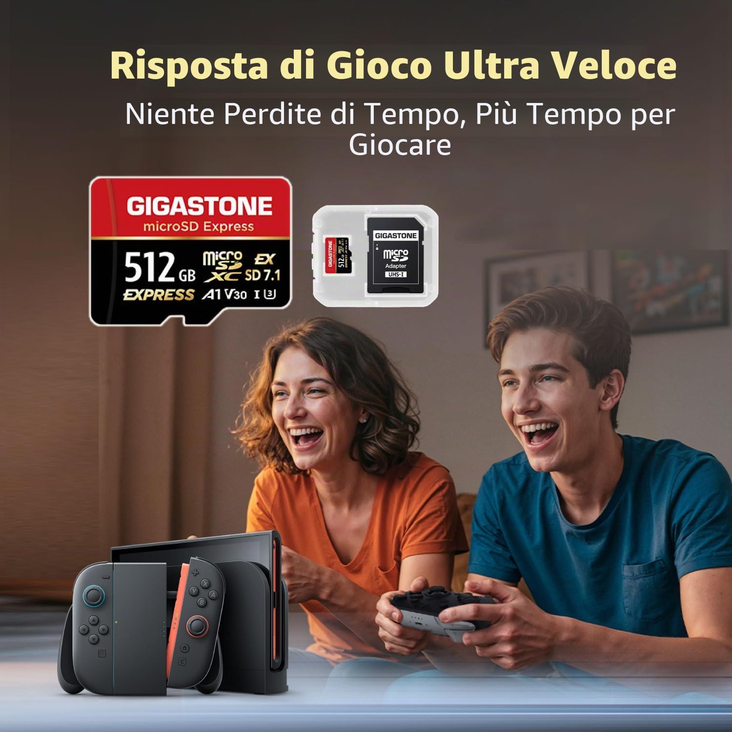 【Progettato per Switch 2】GIGASTONE microSDXC Express 512 GB, SD 7.1, R/W fino a 880/650 MB/s, A1 V30 U3, compatibile con Nintendo Switch 2 e fotocamere professionali, con adattatore SD.