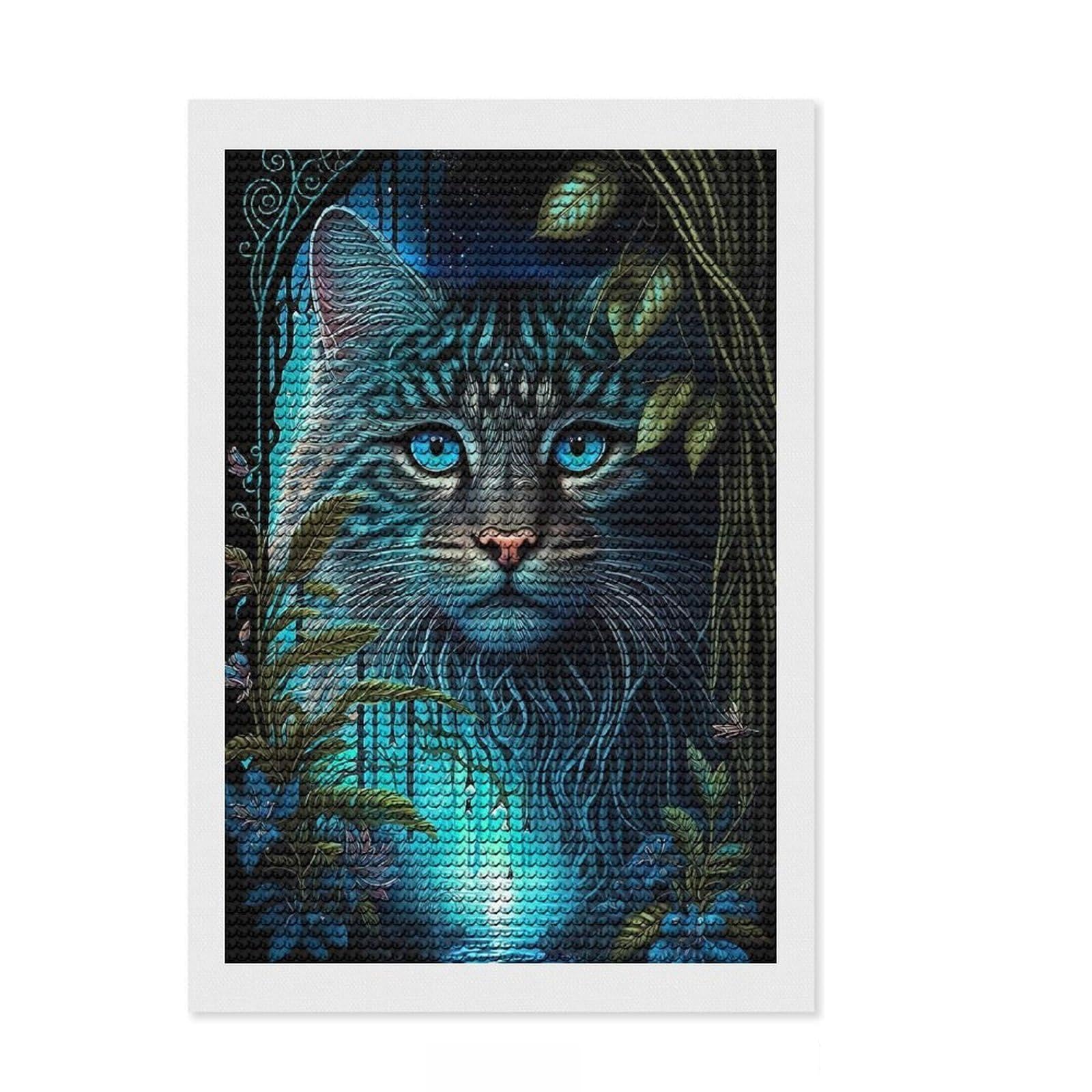 Junmoney Blue Eyes Cat in Jungle Diamond Style Art Kit 8"x12", Farmhouse Decor, Relaxing DIY, with Tool Kit, Thoughtful Present, DIY