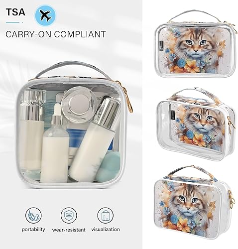 Miniatura 5 de Watercolor Flowers Floral Cat Clear Toiletry Bag for Traveling,2 Pack Makeup Cosmetic Bag with Zipper,Travel Bag for Toiletries,Travel Essentials