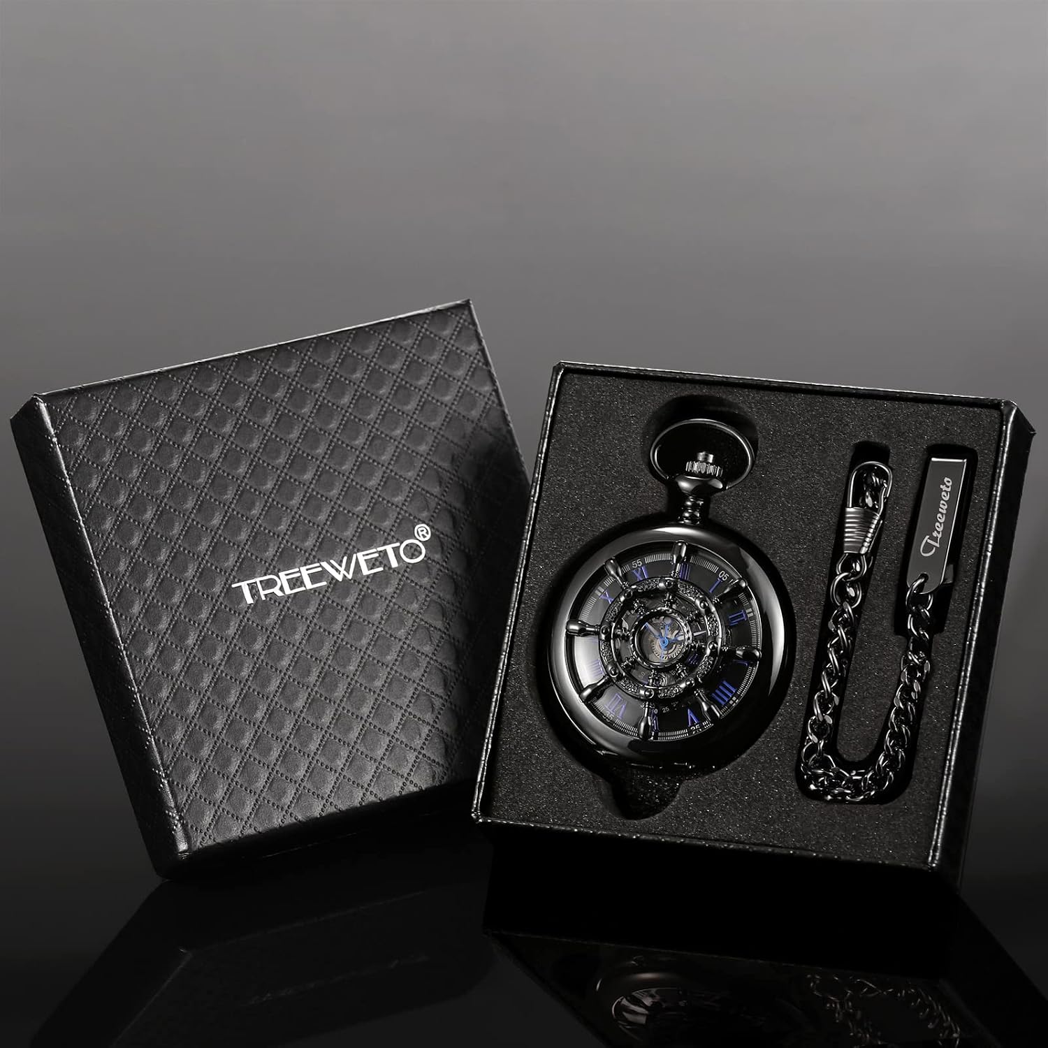 TREEWETO Black Double Cover Roman Numerals Dial Skeleton Mens Women Pocket Watch