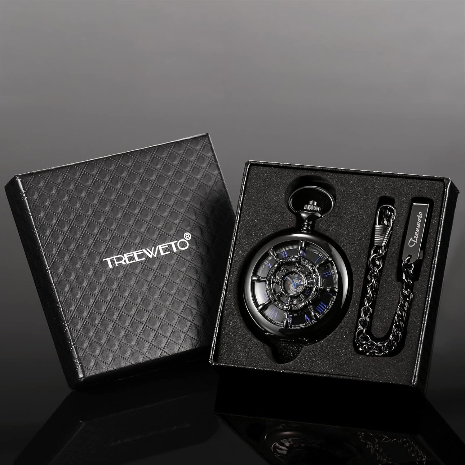 Miniatura 7 de Reloj de bolsillo para hombre y mujer con esfera de números romanos y doble cubierta de Treweto Negro