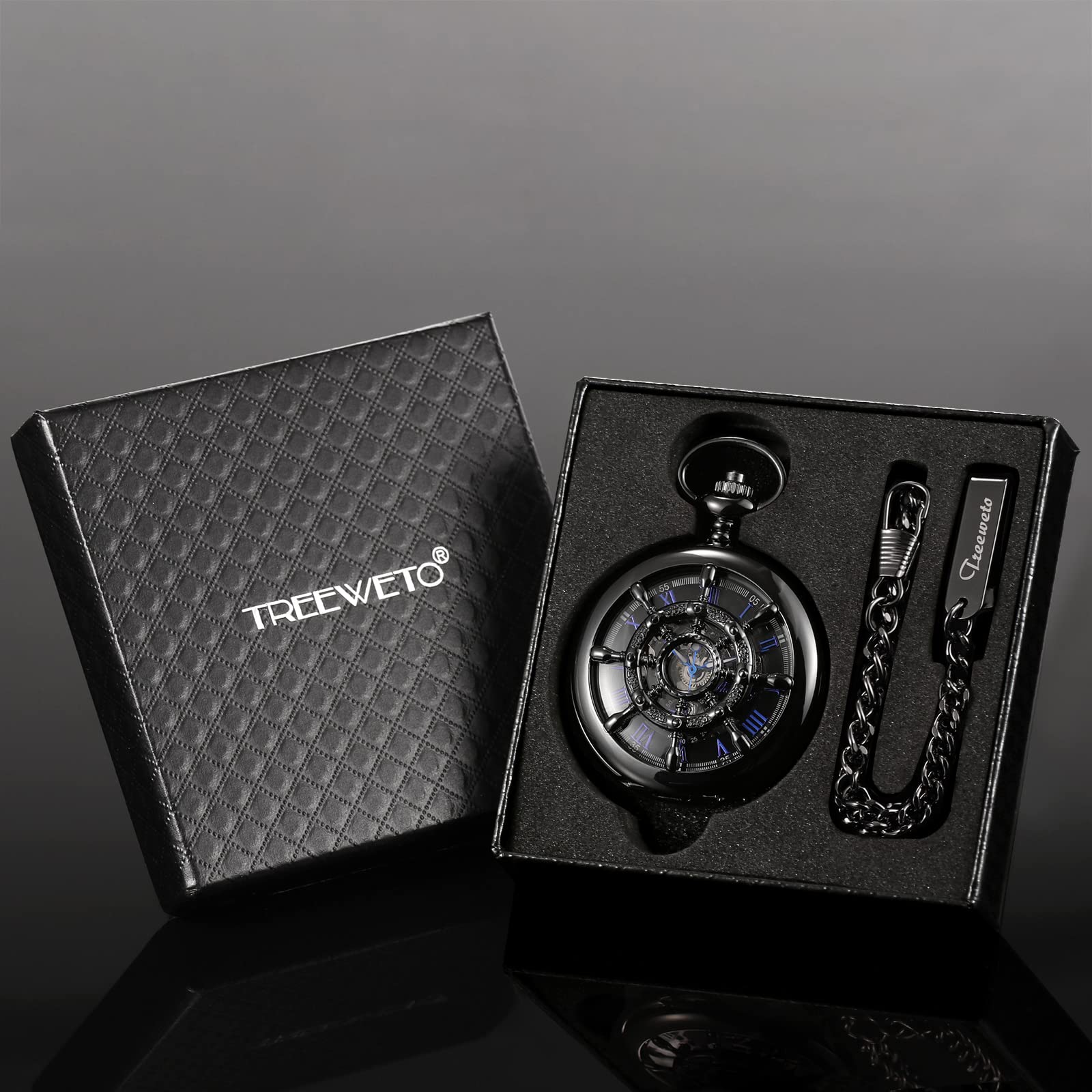 TREEWETO Reloj de bolsillo vintage timón hueco mecánico Steampunk esqueleto números romanos Fob reloj con cadena para hombres y mujeres