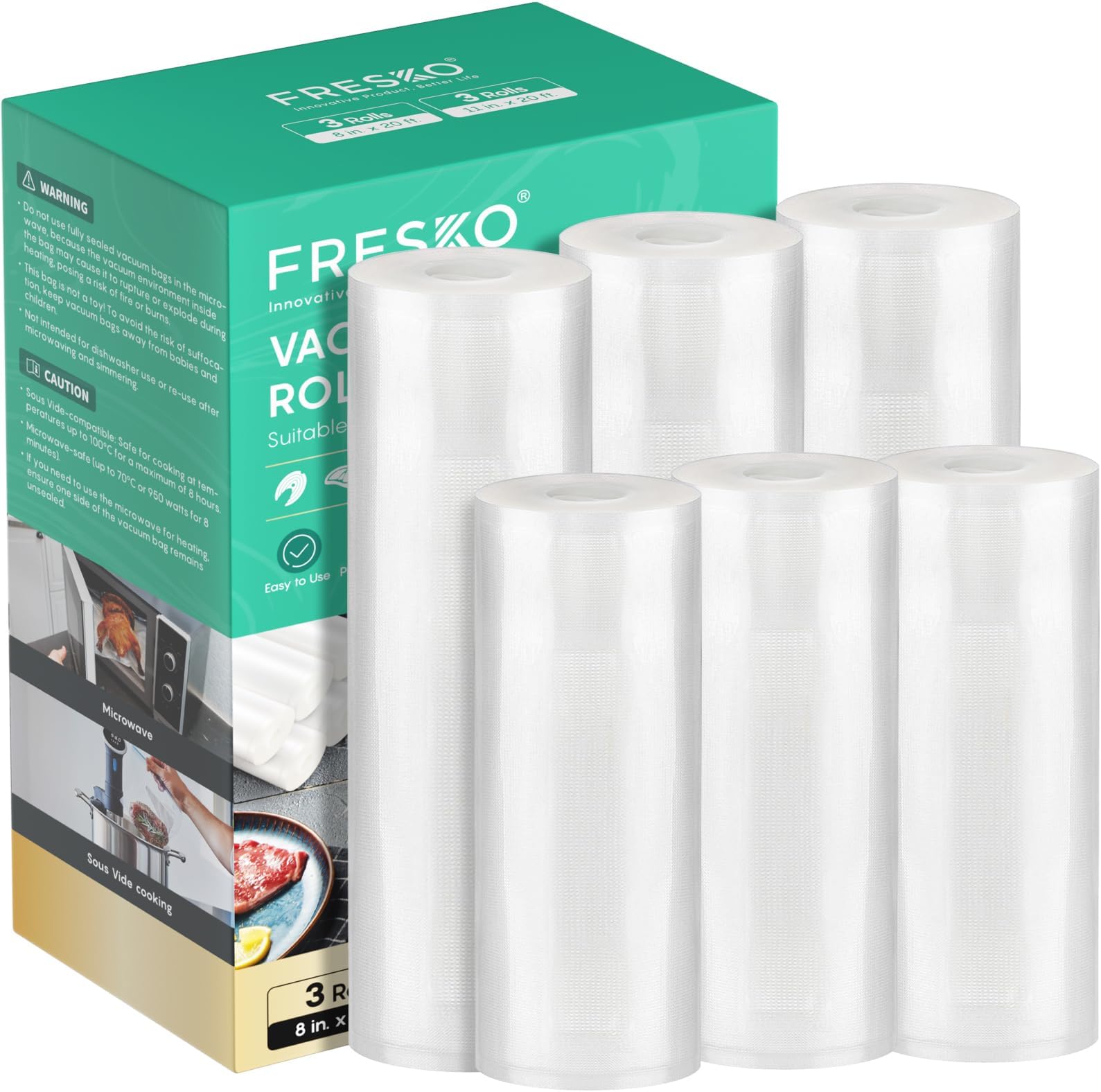Vacuum Sealer Bags Food Rolls 6 Packs - 8" x 20' & 11" x 20', Commercial Grade Seal a Meal Bags for Storage Food and Sous Vide, BPA Free, Customized Size for Vacuum Sealer