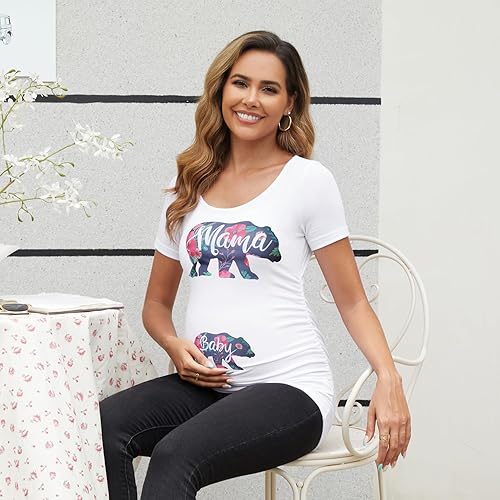 Miniatura 4 de GINKANA Camisetas de maternidad de manga corta con diseño floral y lados fruncidos blusas de embarazo ropa casual para mamá A-white With Red Flower