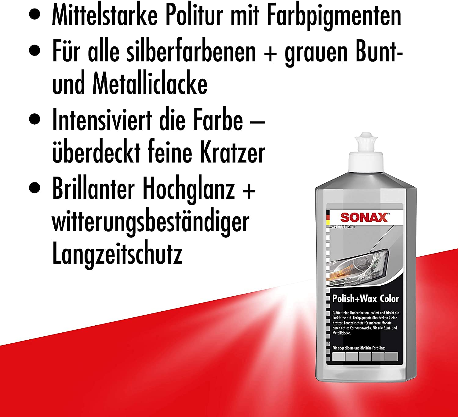 detailmate SONAX Hand Polier Set - SONAX Polish+Wax Color Silber/grau 500ml + Handpolierschwamm Puck im Verbundaufbau hart Ø90/50mm Edgeless Superflausch Mikrofaser Poliertuch 550GSM