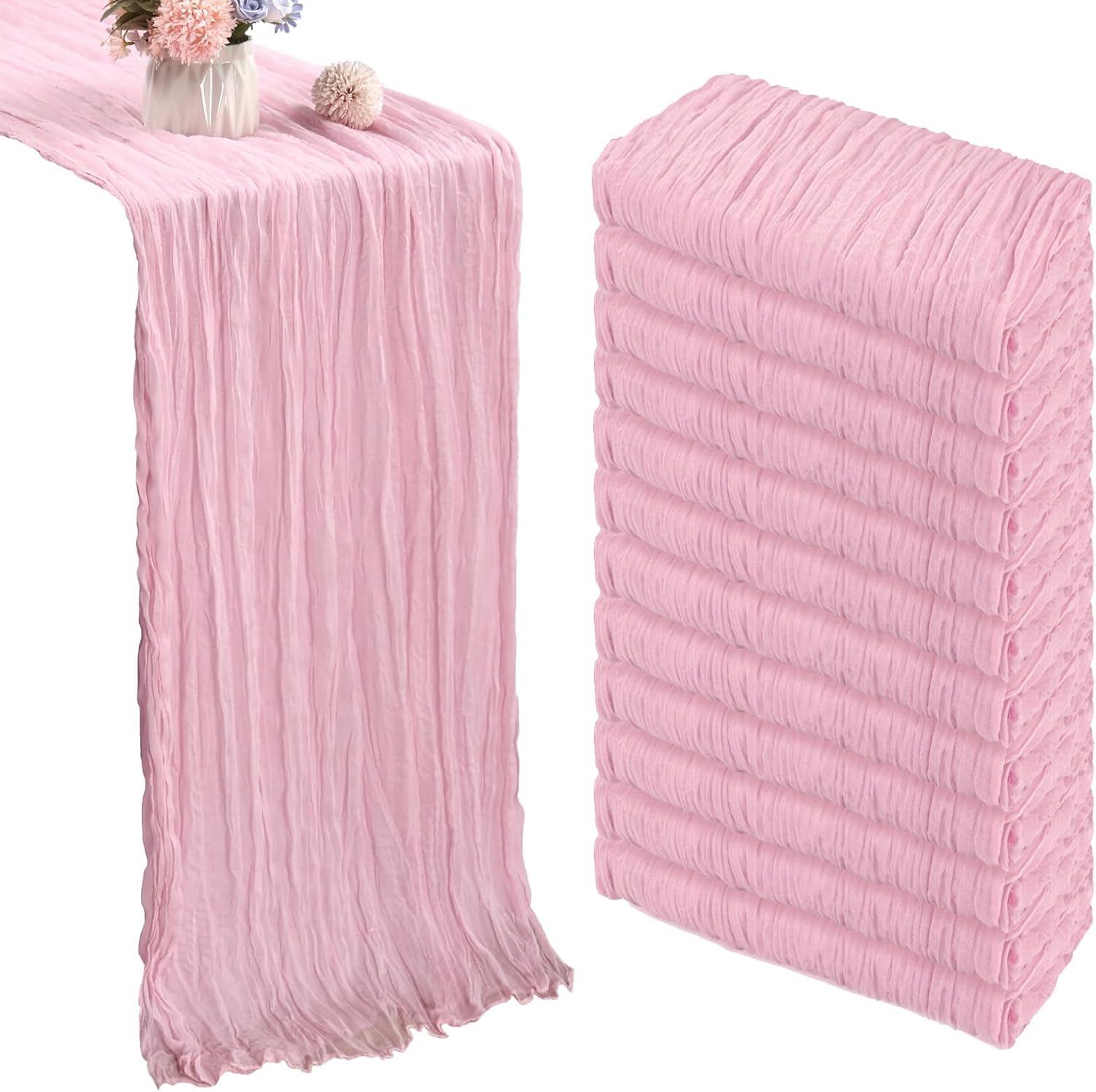 12 Pack 10FT Pink Cheesecloth Table Runner 35x120 Inch Gauze Rustic Boho Table Runner Cheese Cloth for Wedding Decor Birthday Party Bridal Baby Shower Table Centerpiece Decoration