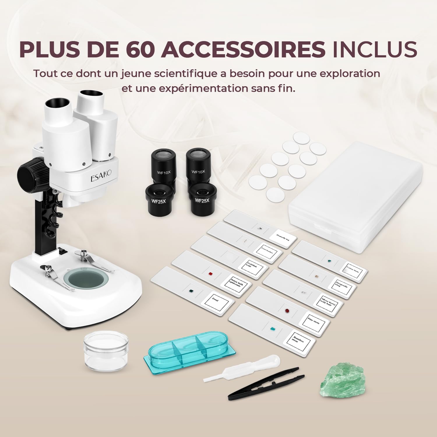 ESAKO Microscope pour Enfants à Double LED - Kit Scientifique avec 10 Lames préparées & 10 Lames Vierges