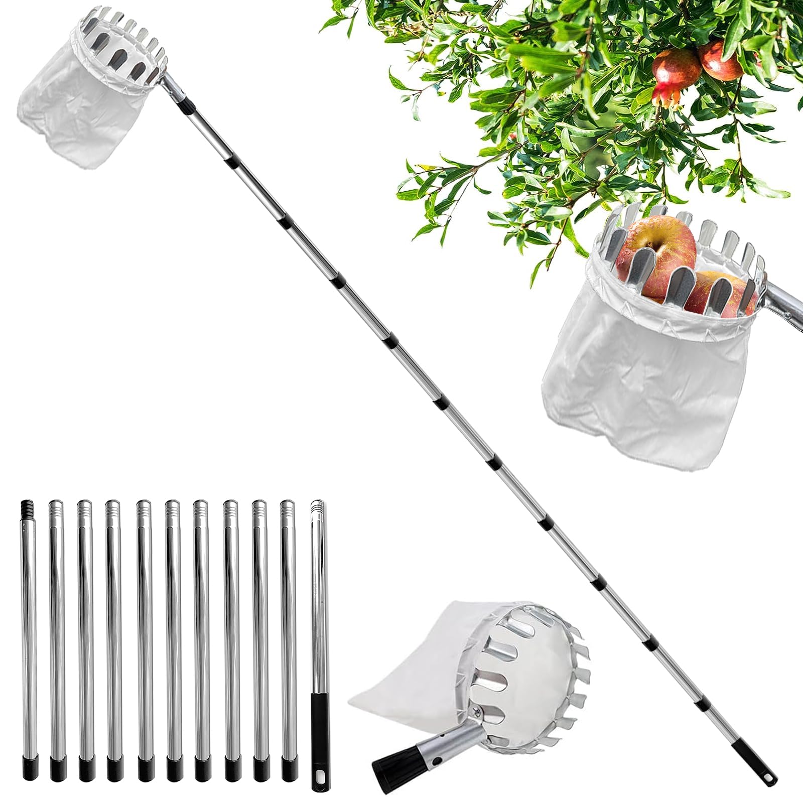 Recogedor de Frutas Telescopico,Cesta Recogedora de Manzanas 4.2M,con poste telescópico de acero inoxidable ligero y bolsa de algodón para Cosechar Cerezas y Ciruelas.