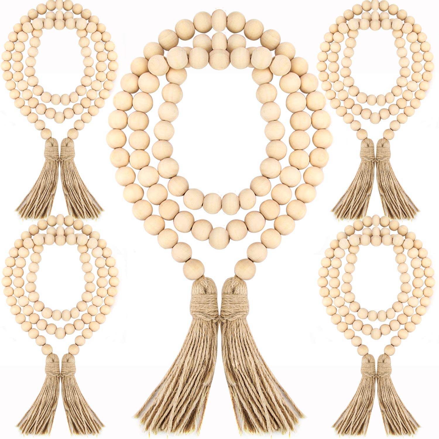 ZOENHOU Lot de 5 guirlandes de perles en bois avec pompons - 145 cm - Décoration créative rustique pour maison de campagne - Décoration à suspendre au sapin de Noël