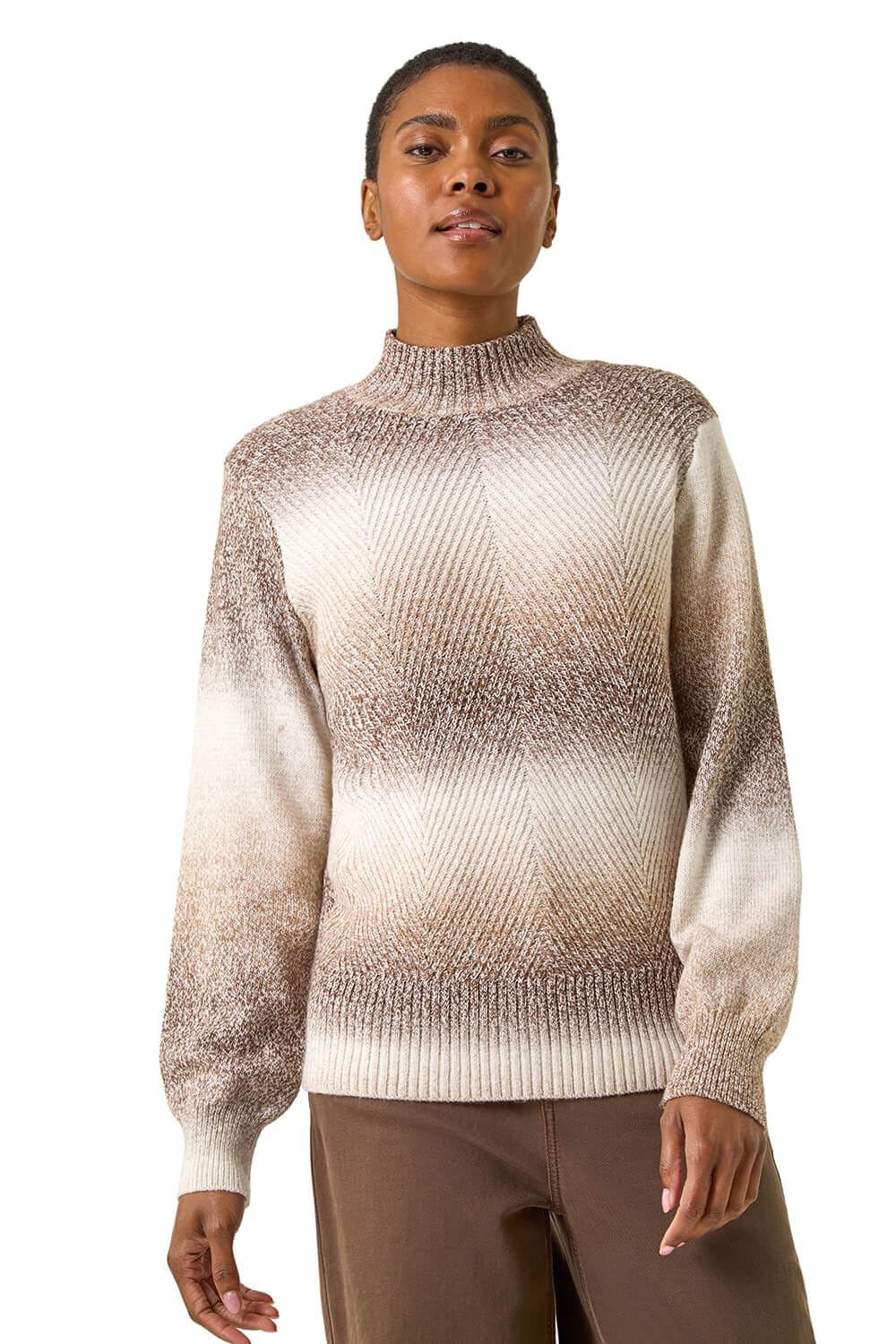 Roman Women's Beige Ombre Stripe Knit Jumper In | Size: 16
