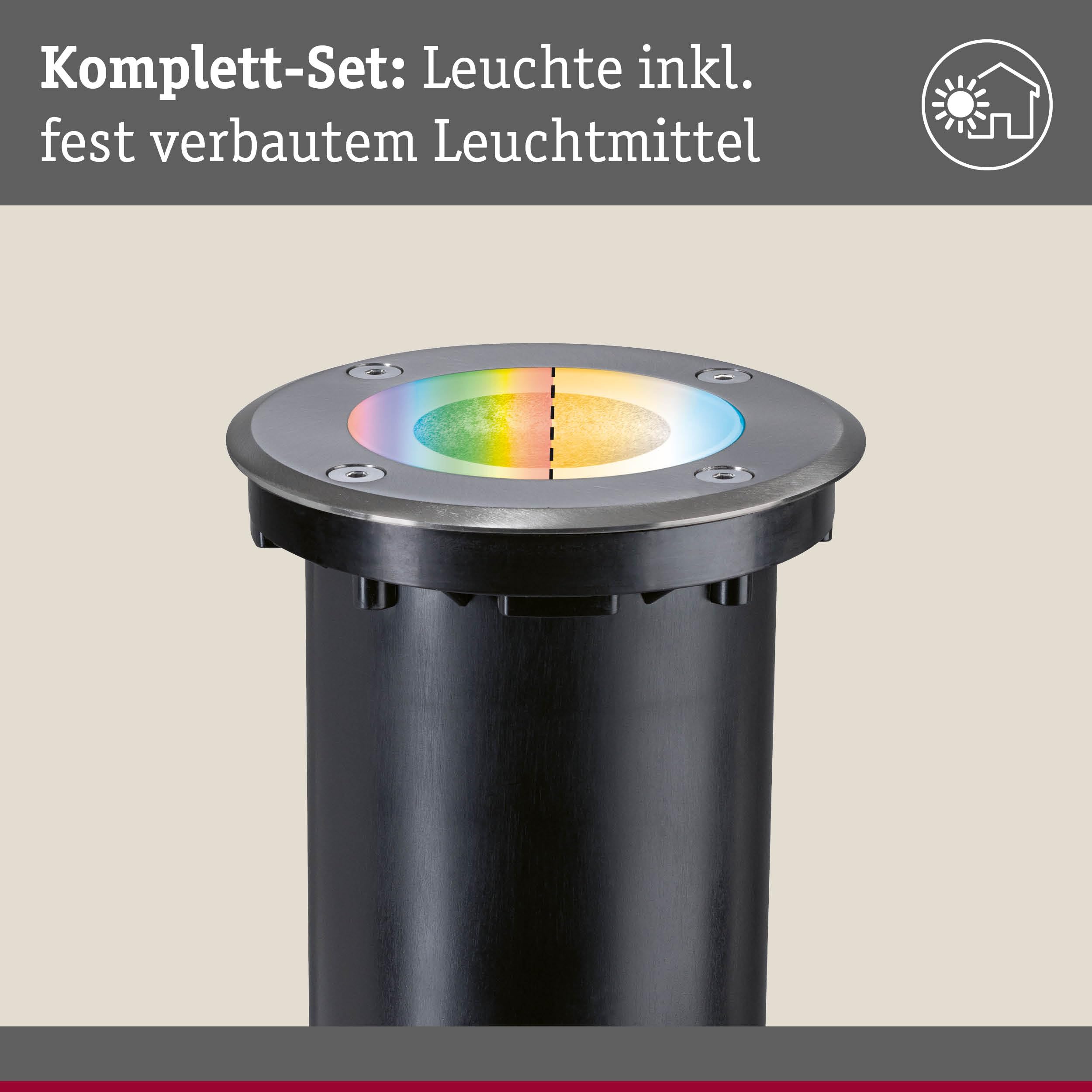 Paulmann 94845 LED Außenleuchte Bodeneinbauleuchte Smart Home Zigbee Floor IP67 rund 110mm RGBW+ 4,9W 300lm 230V Eisen gebürstet Außenleuchte
