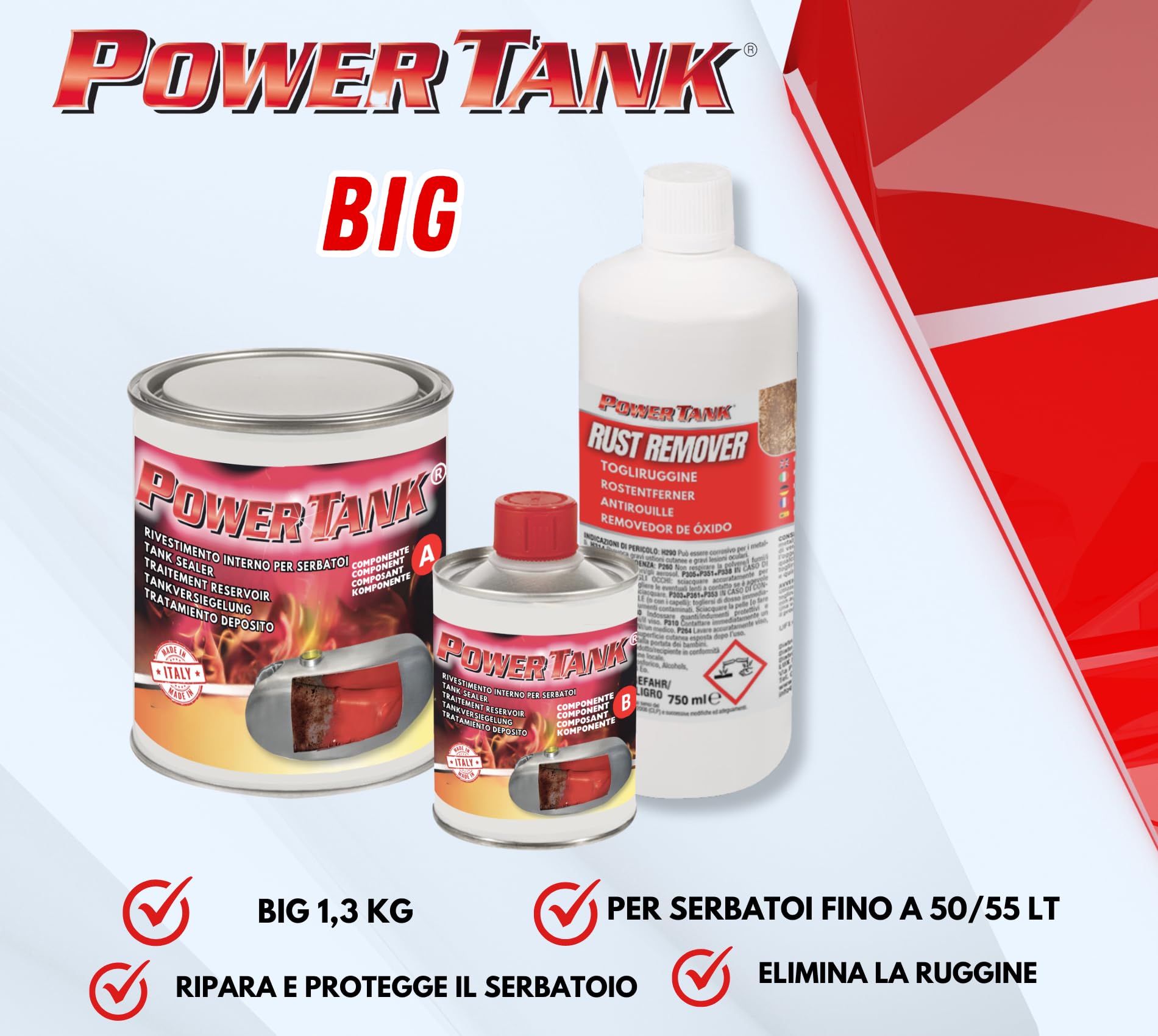 POWER TANK - Trattamento Serbatoio Auto (50/55 Litri) Kit Grande Big 1,3 kg per interno Serbatoi gasolio benzina Elimina la Ruggine Ripara Protegge Arrugginito da Moto di Auto d'Epoca con Antiruggine
