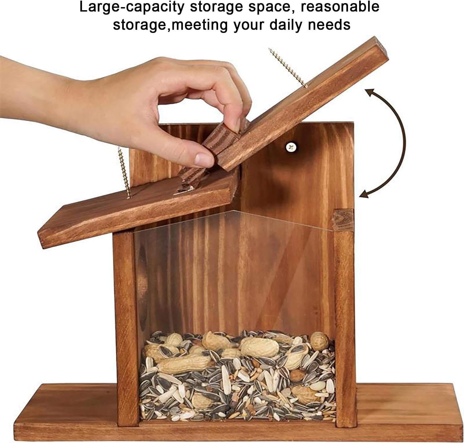 Large Squirrel Feeder House for Outside, 5 Lbs High Capacity Wooden Squirrel Feeder with Clear Window, Weather-Resistant Wild Bird & Squirrel House with Hinged Roof