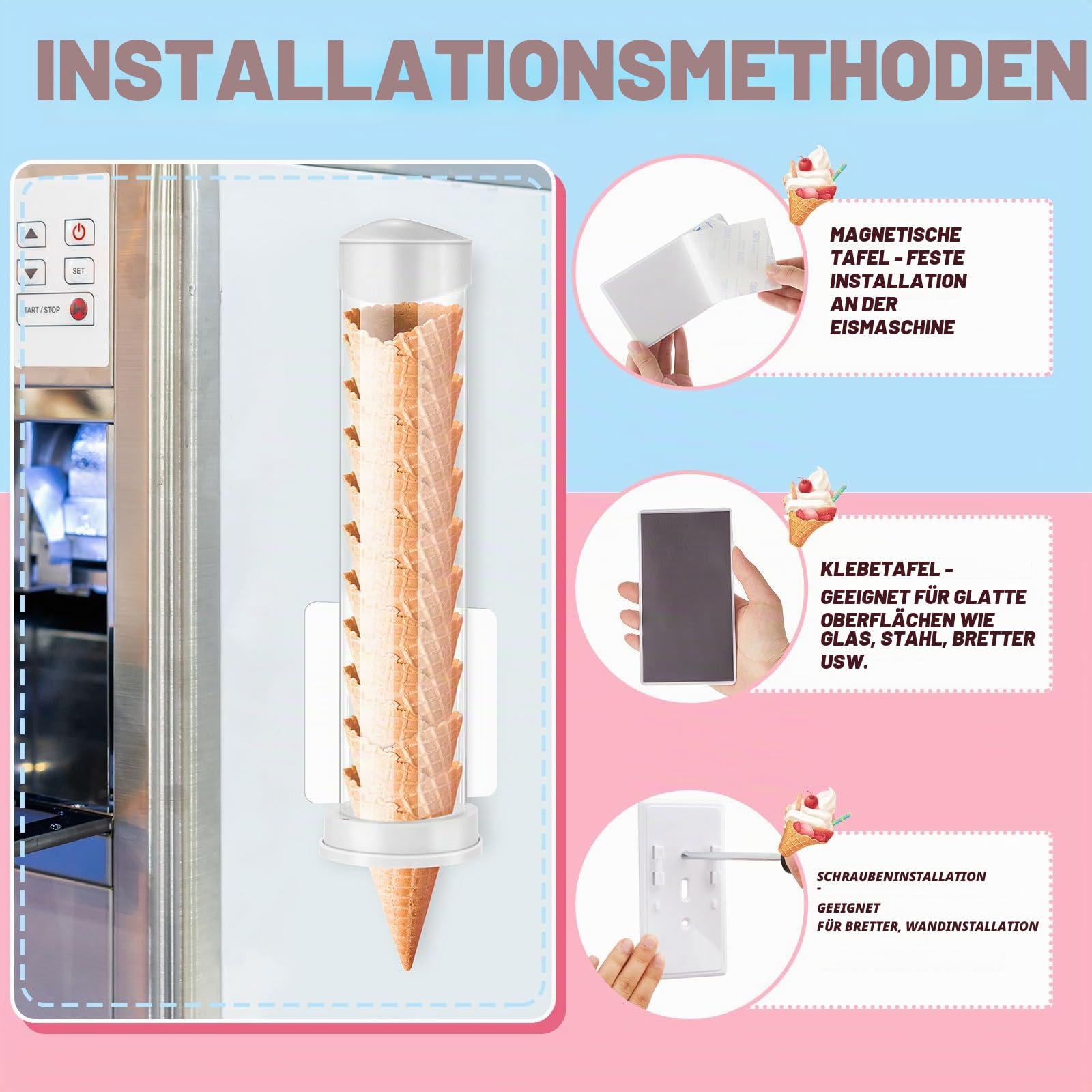 Tioncy Eistütenspender, Waffelhalter, 40,6 cm L x 7,6 cm Durchmesser, mit 2 Dichtungen für Eiscreme-Wandhalterung, 4 Stück
