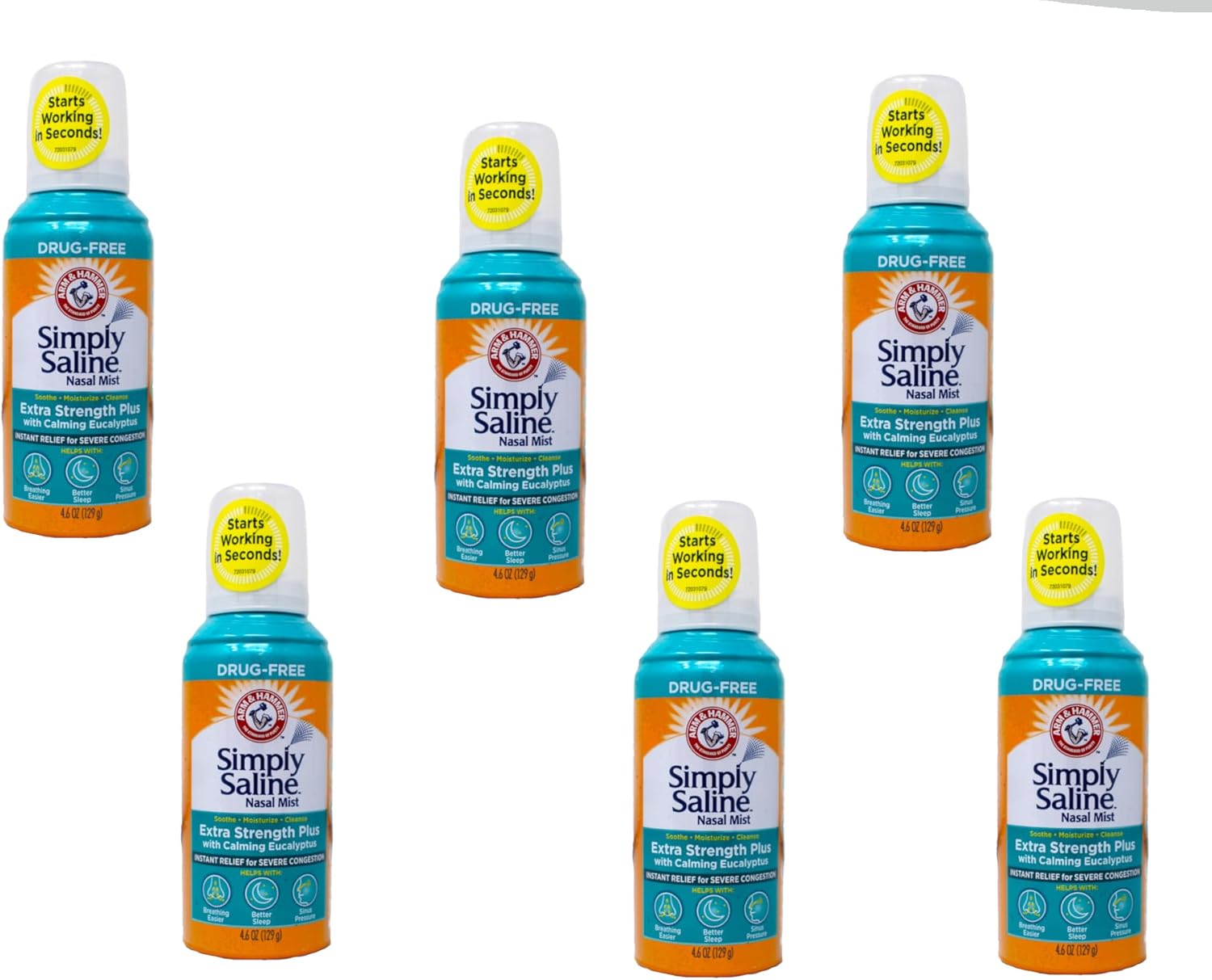 Arm & Hammer Simply Saline Extra Strength Plus Eucalyptus Nasal Mist for Severe Congestion, Drug-Free Saline Spray, 4.6 oz Pack of 6