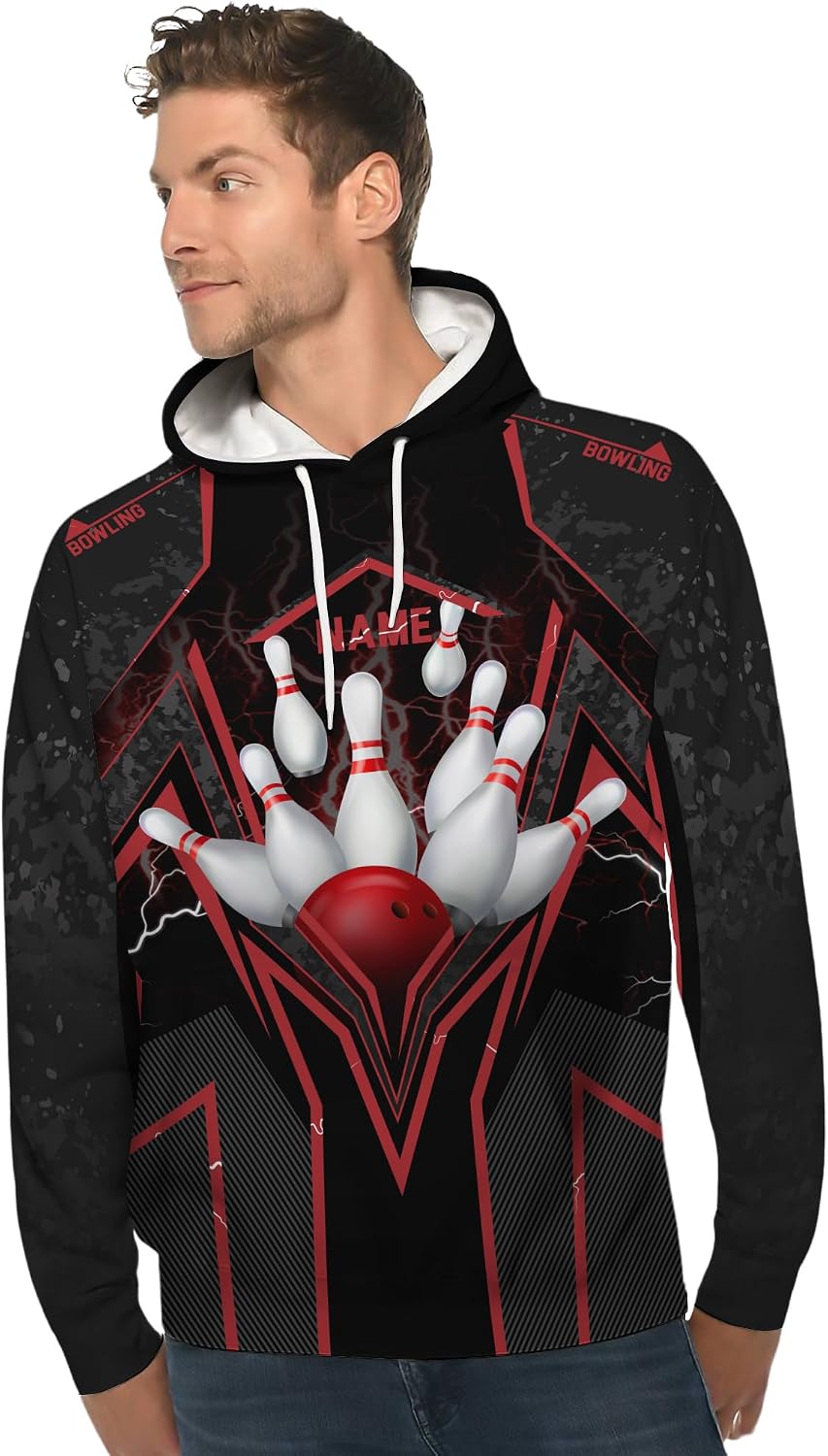 Unisex Bowling Hoodie Customized Red Plaid Bowling Pin Long Sleeve Shirt For Bowling Player Printing Bowling Team Clothing