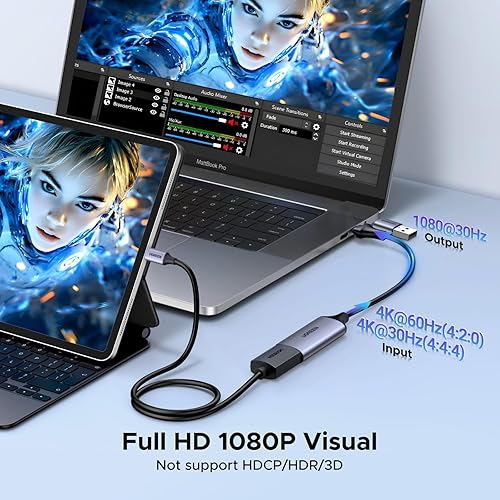Miniatura 4 de UGREEN Tarjeta de captura Full HD 1080P 4K HDMI a USB 2.0 Tarjeta de captura de video HDMI USB-A/USB-C Grabación de audio para juegos, transmisión,