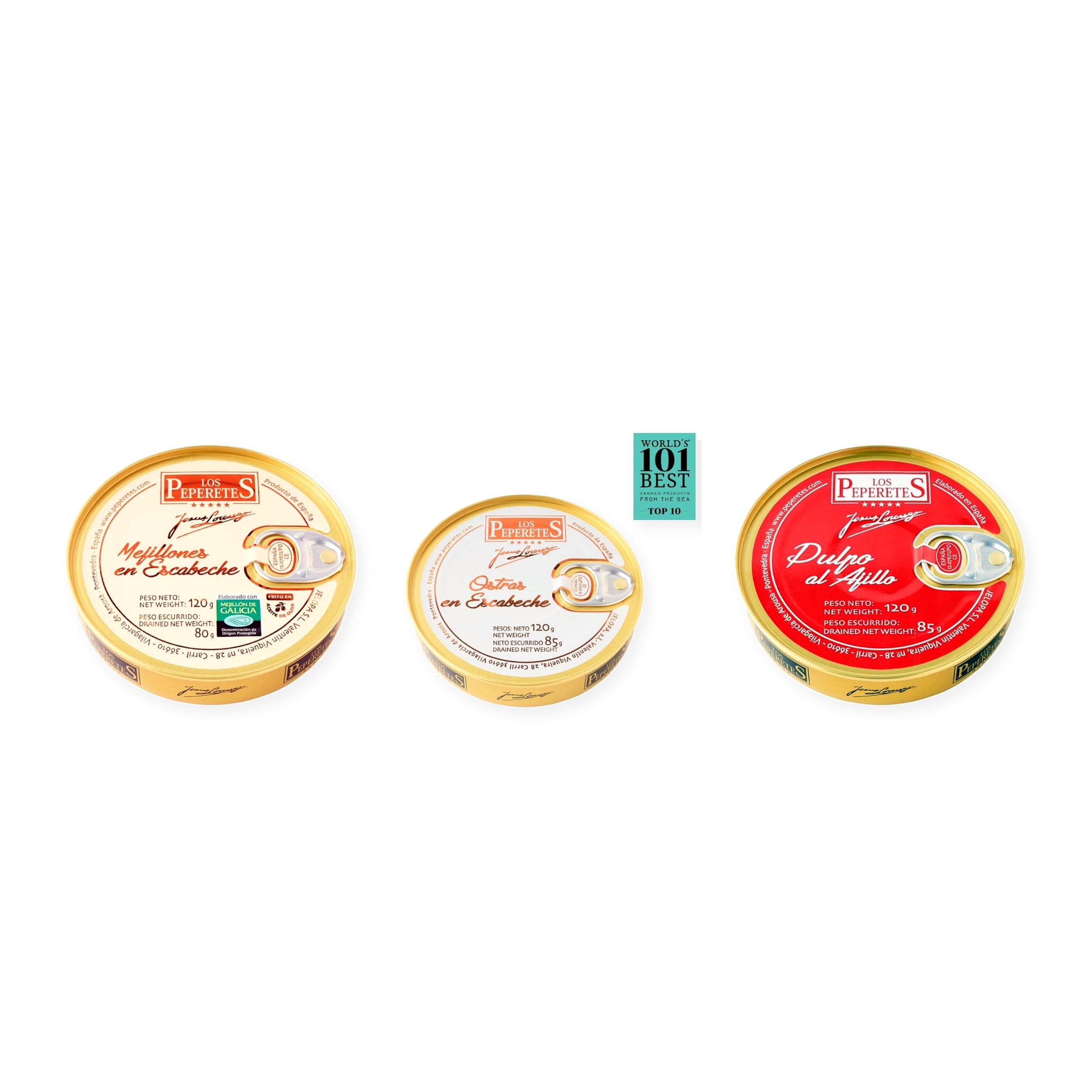 los peperetes conservas Mejillones Escabeche 10-12, Ostras Escabeche y Pulpo Ajillo pack 3 latas