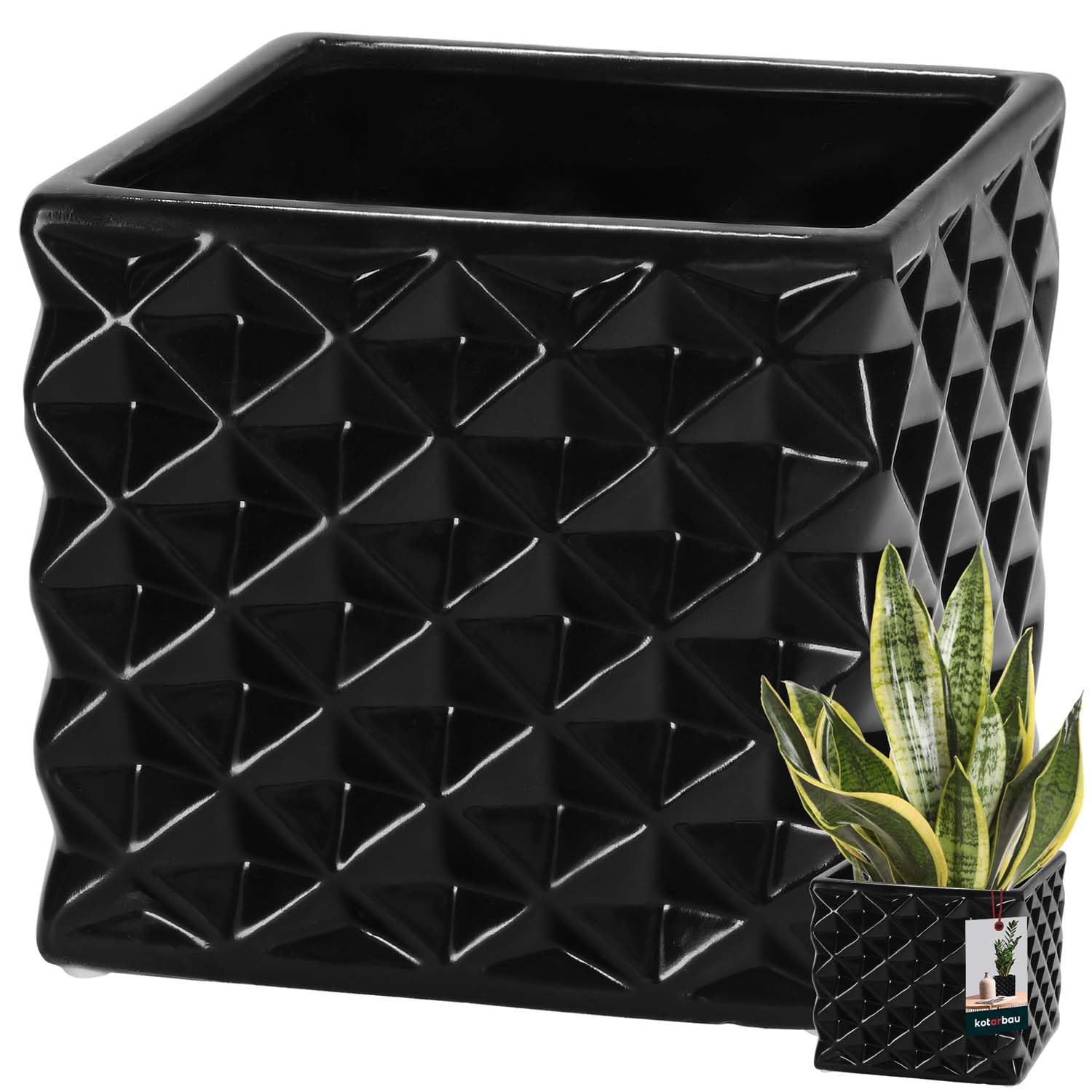 KOTARBAU® Flower Pot Ceramic Glazed Square Black 14 x 14 cm H 13 cm Planters for Indoor Plants Orchids & Succulents Pot Plants Pots Flowers Planter Flower Pot Square